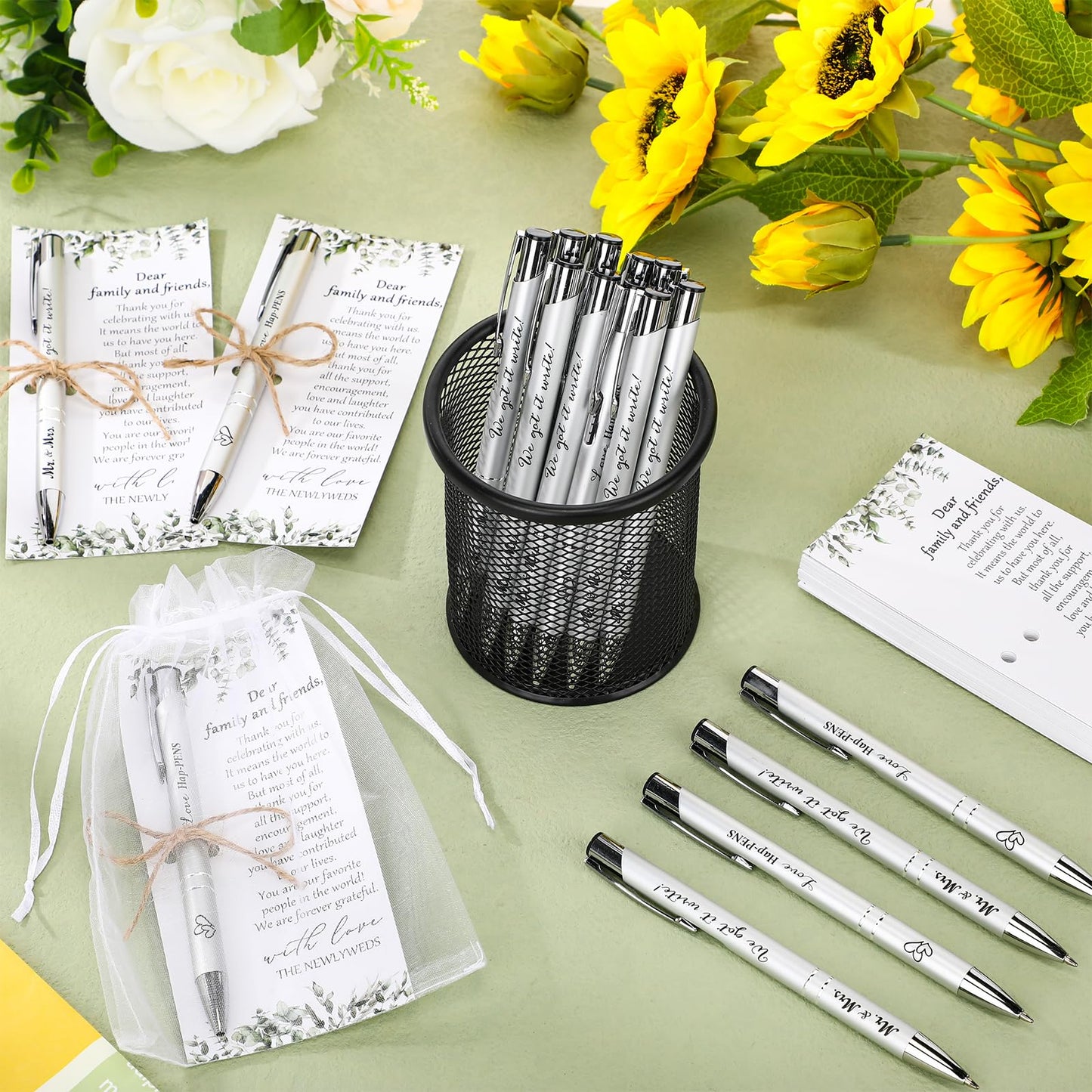 Humyoun 50 Sets Wedding Favors for Guests Includes 50 Black Ink Retractable Ballpoint Pen 50 Thank You Cards 50 Organza Bag with Hemp Rope Bridal Shower Favors Bridal Shower Gifts for Party Supplies