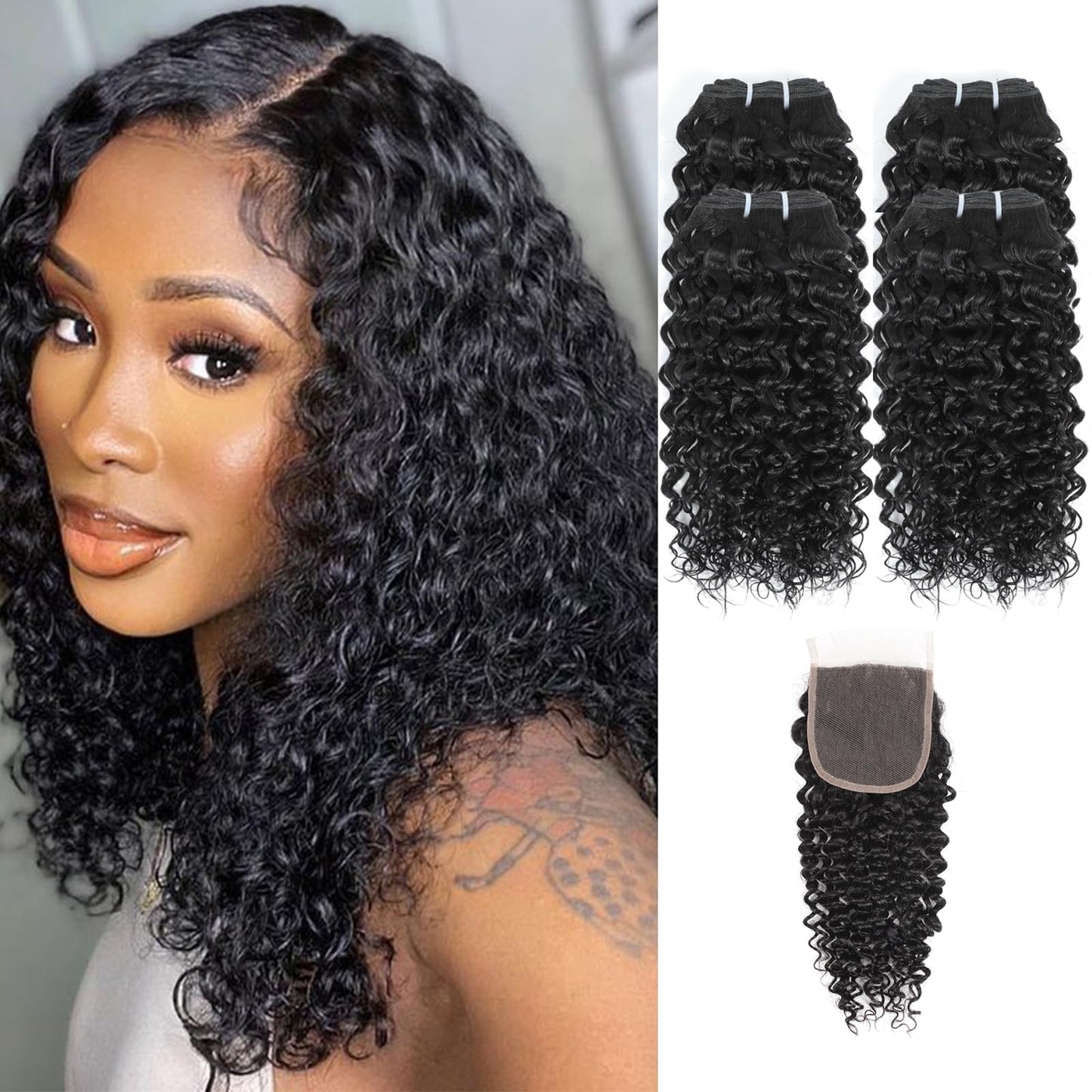 JTdebade 12 Inch Kinky Curly Human Hair Bundles With Closure Brazilian Virgin Human Hair 4 Bundles Natural Black Color 100% Unprocessed Curly Wave Human Hair Extensions（12 Inch Curly*4+14 Closure）