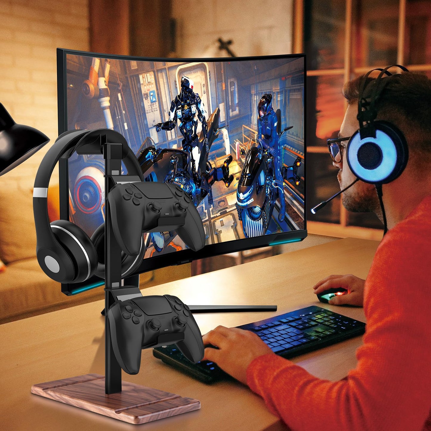 SHUOSUO Controller Holder, Walnut Wood Headphone Stand, Gaming Controller Stand for Xbox PS5 PS4 Switch, Natural Wooden Headset Holder, Universal Desk Game Accessories