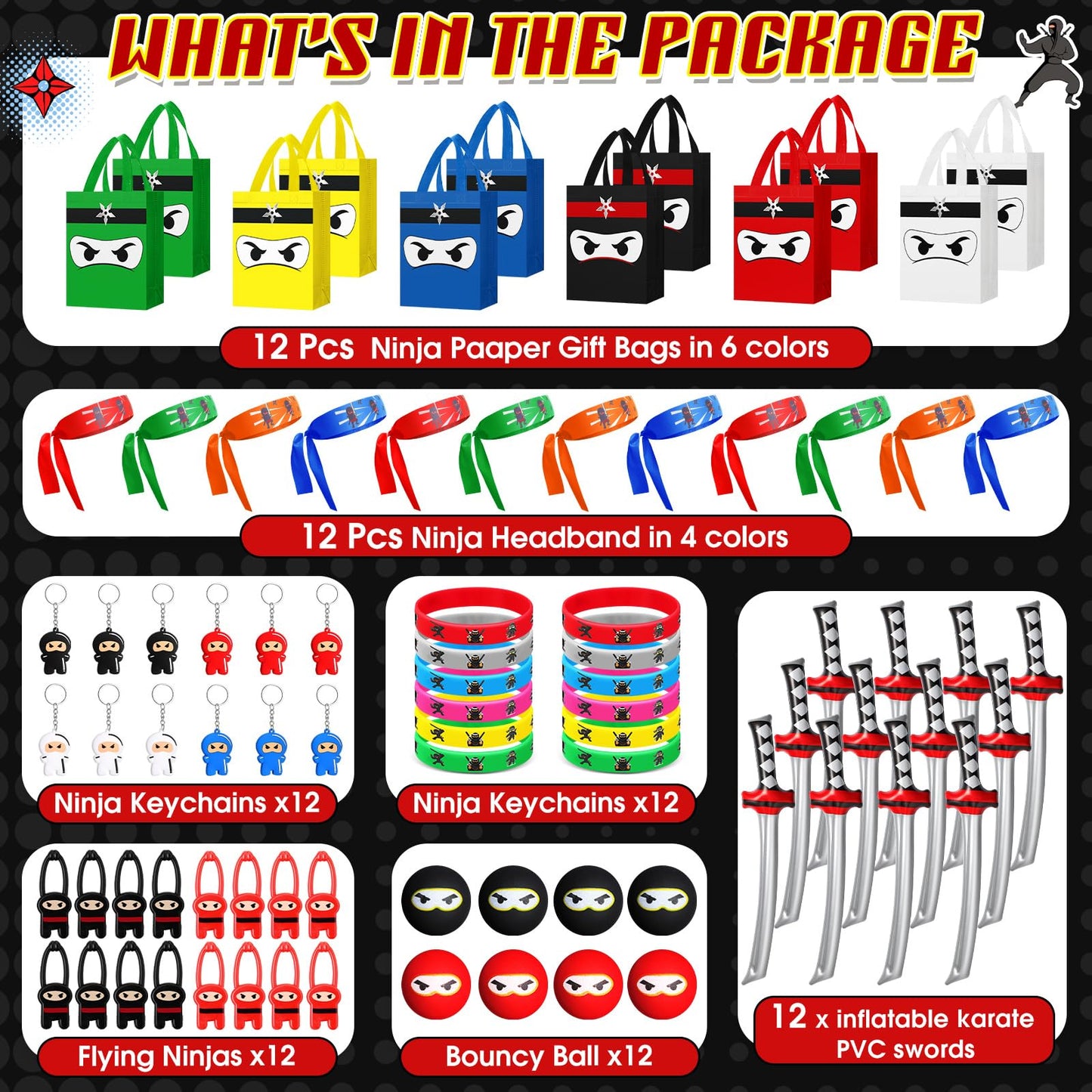 Seenelling 12 Guests 84 Pcs Ninja Party Favors Include Ninja Non Woven Bags Inflatable Toys Bouncy Balls Throwing Flying Slingshot Headbands Silicone Bracelets Keychains for Party Supplies