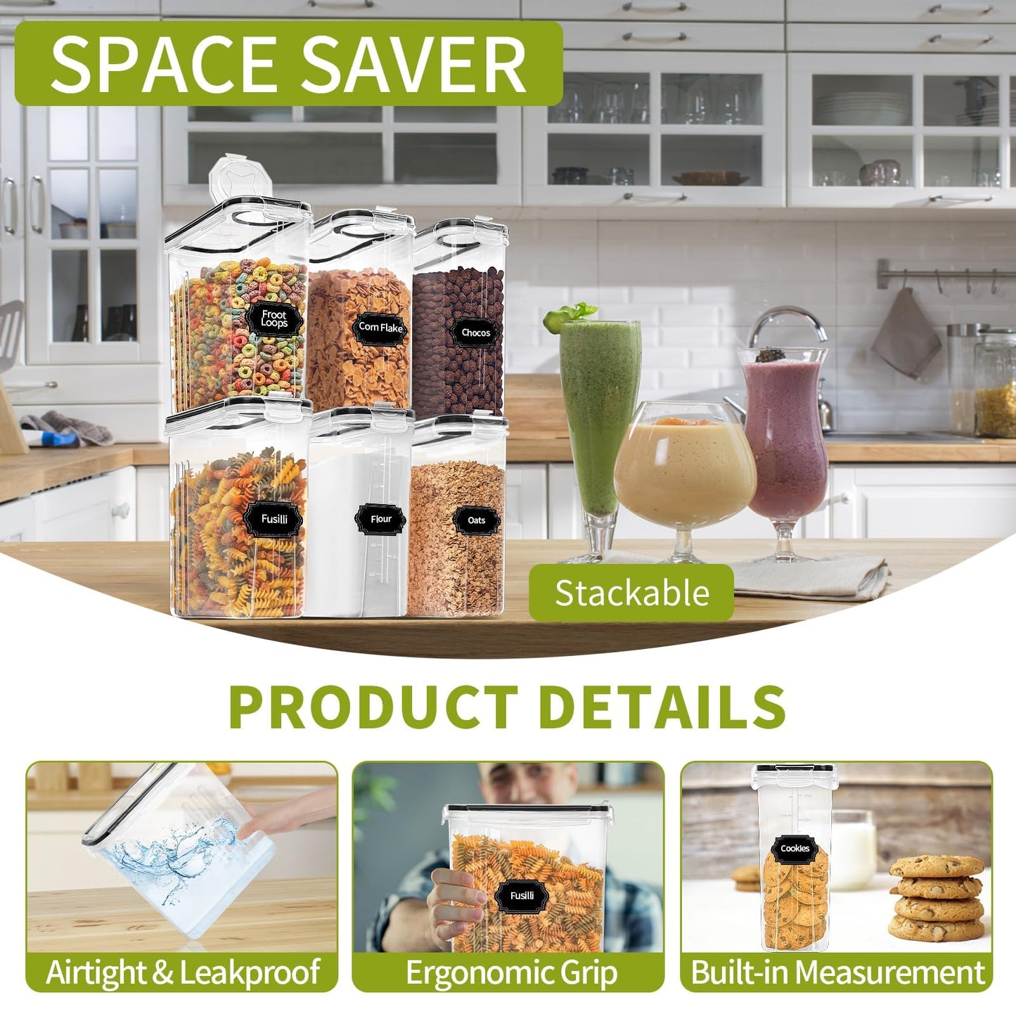 Skroam 8PCS Cereal Containers Storage [4L/135.2 oz], Airtight Food Storage Containers with Pour Spout for Kitchen & Pantry Organization Storage, Plastic Cereal Dispensers, Measuring Cup & 20 Labels