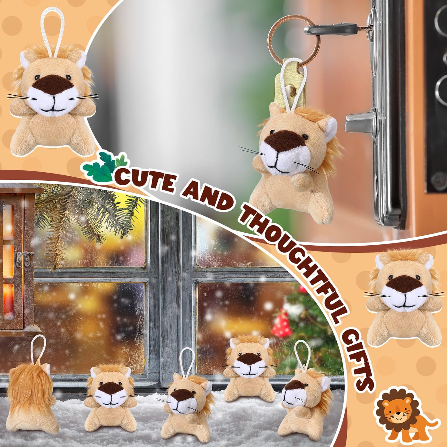 Shappy 50 Pcs Mini Animal Plush Toys Small Stuffed Animals Bulk Cute Tiny Plushies Keychains for Gift Party Carnival Prize (Lion)