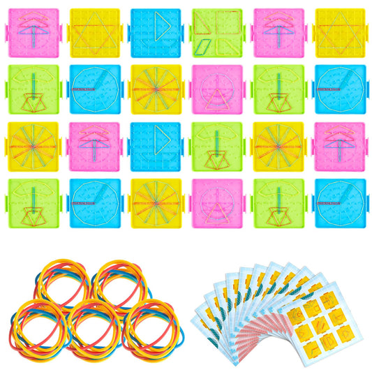 Deekin 24 Pcs Double Sided Geoboard Mathematical Kids Geoboards with Rubber Bands Math Manipulatives Toy for Geometry, 6.9 x 6.3 Inches Classroom Back to School