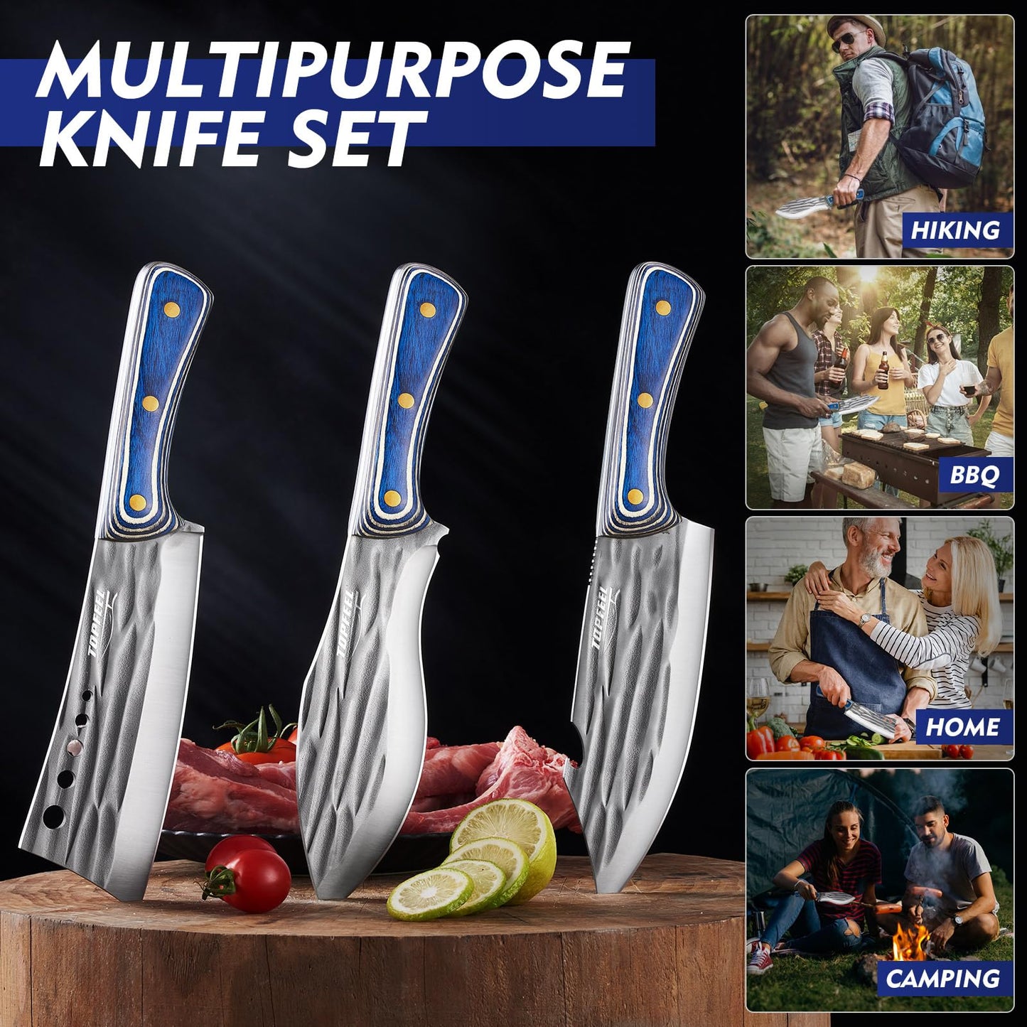3PCS Butcher Knife Set for Meat Cutting， Hand Forged Professional Chef Knife Set Meat Cleaver Boning Knife for Home, Outdoor Cooking, Camping BBQ Gift Idea Men