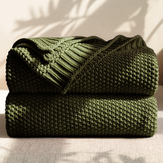 blunique 100% Cotton Cable Knit Throw Blanket, Lightweight Soft Knit Blanket for Sofa Couch Bed, Breathable All-Season Throw, Cozy Decorative Blanket, 50 x 60 Inch,Olive Green