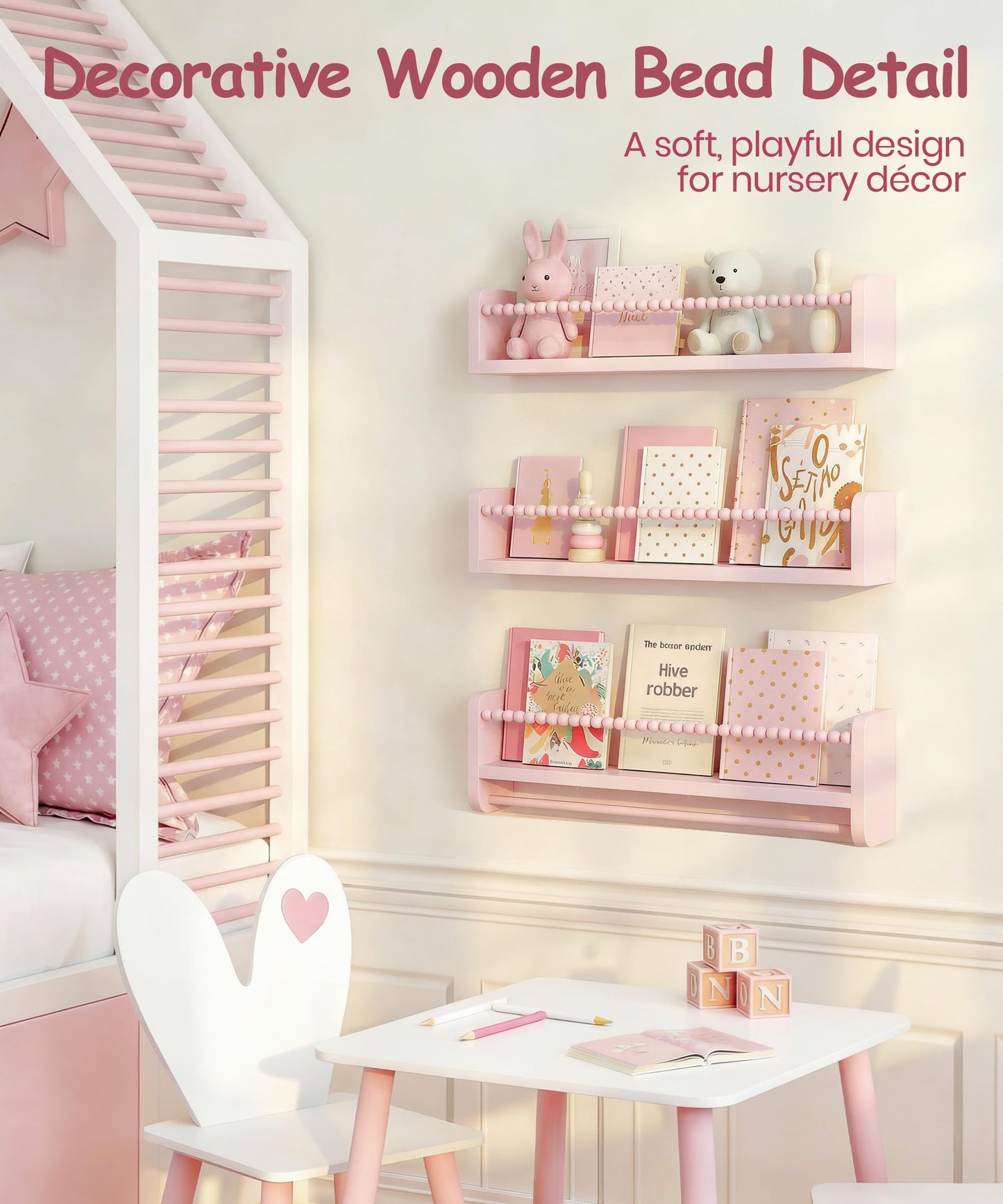 Mazjoaru Nursery Book Shelves for Wall Set of 3, Pink Natural Wood Bookshelf Wall Decor, Small Floating Shelf Organizer for Kids Room, Bedroom, Kitchen Spice Rack