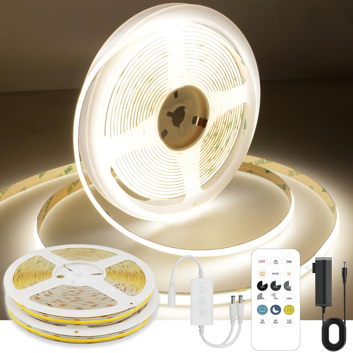 AXMOTUT 65.6ft COB LED Strip Light Natural White, High Bright LED Strips with 320LEDs,RF Remote and UL Power Supply,4000K Dimmable LED Lights for Bedroom,Kitchen,DIY Home Decoration, 2 Rolls of 32.8ft