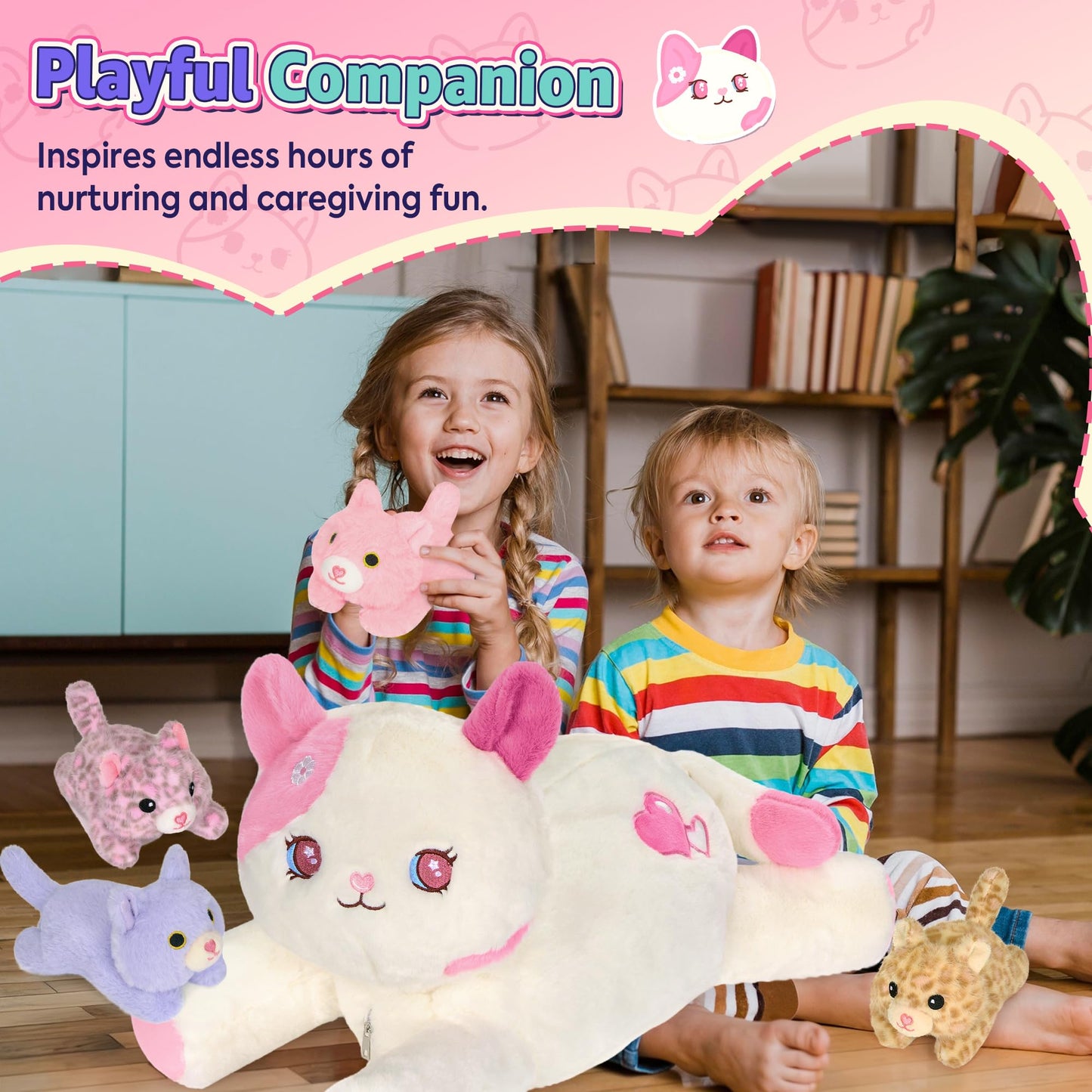Onsoyours Original 5PC Cat Stuffed Animals with Babies Inside, Kawaii Kiity Plush with Mommy & 4 Kittens - Cute Plushies Toys for Girls Kids (Pink)