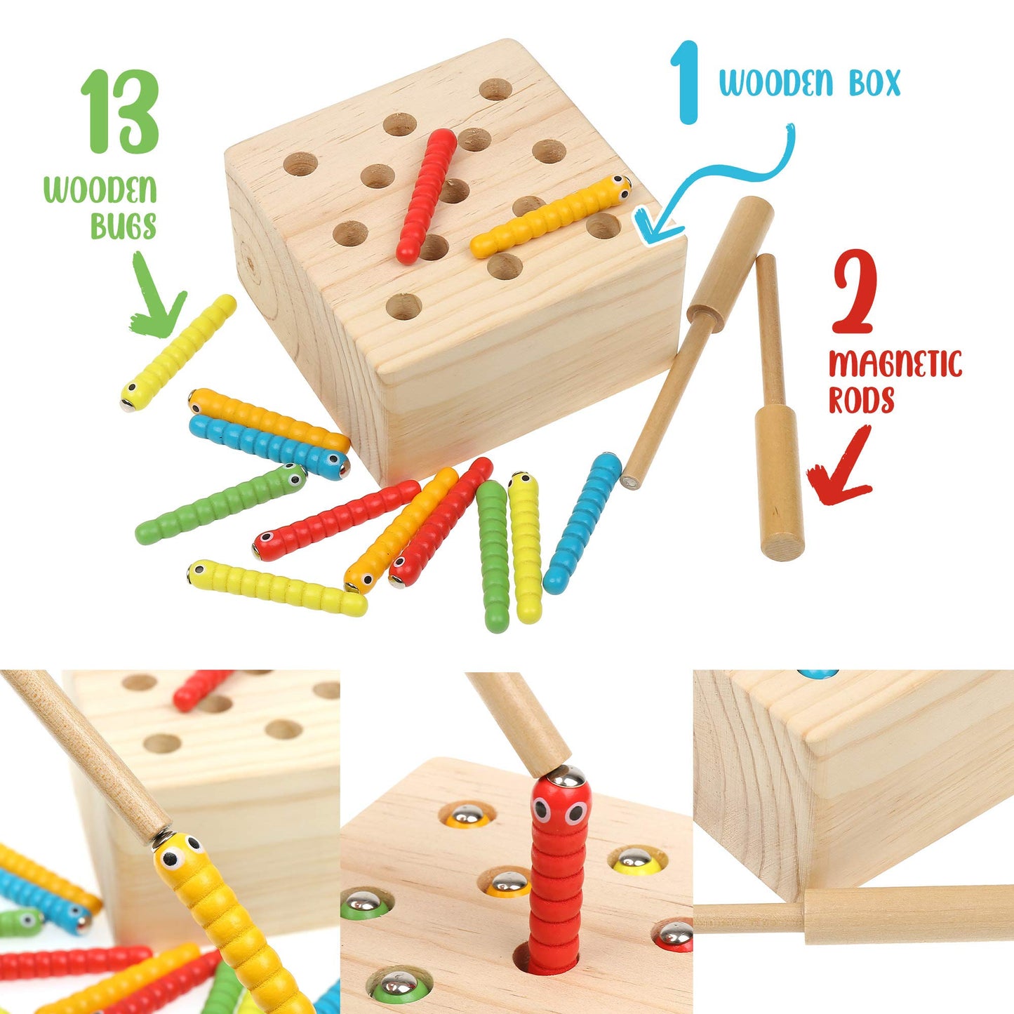 Wooden Montessori Bug Catching Toy with 13 Magnetic Worms and 2 Wand Rods - Fine Motor Skills Educational Toy for Toddlers and Kids 3 Years and Up, Hand Eye Coordination Game