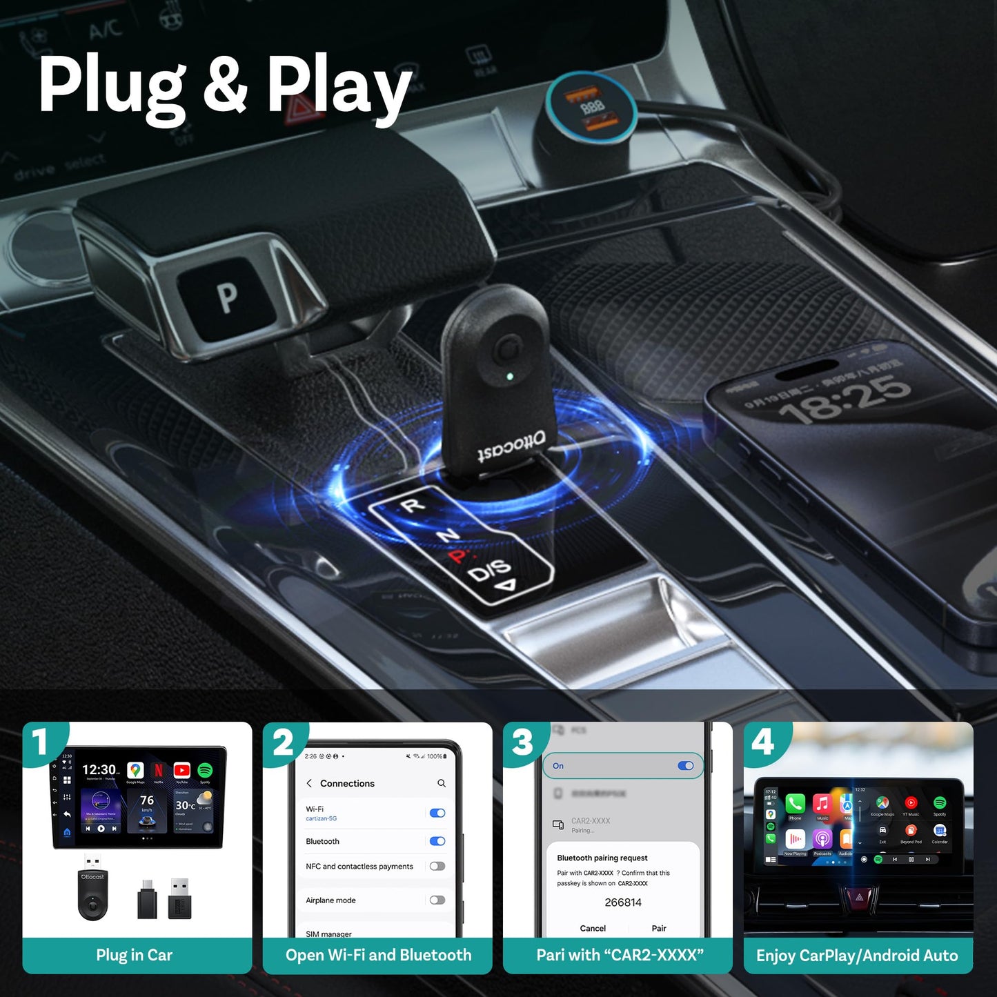 OTTOCAST Mini 2in1 Wireless Carplay Adapter for Apple iPhone with GPS Passthrough, Android Auto Car Adapter, Plug & Play, Convert Wired to Wireless Car Play Dongle to USB& USB-C, No Delay