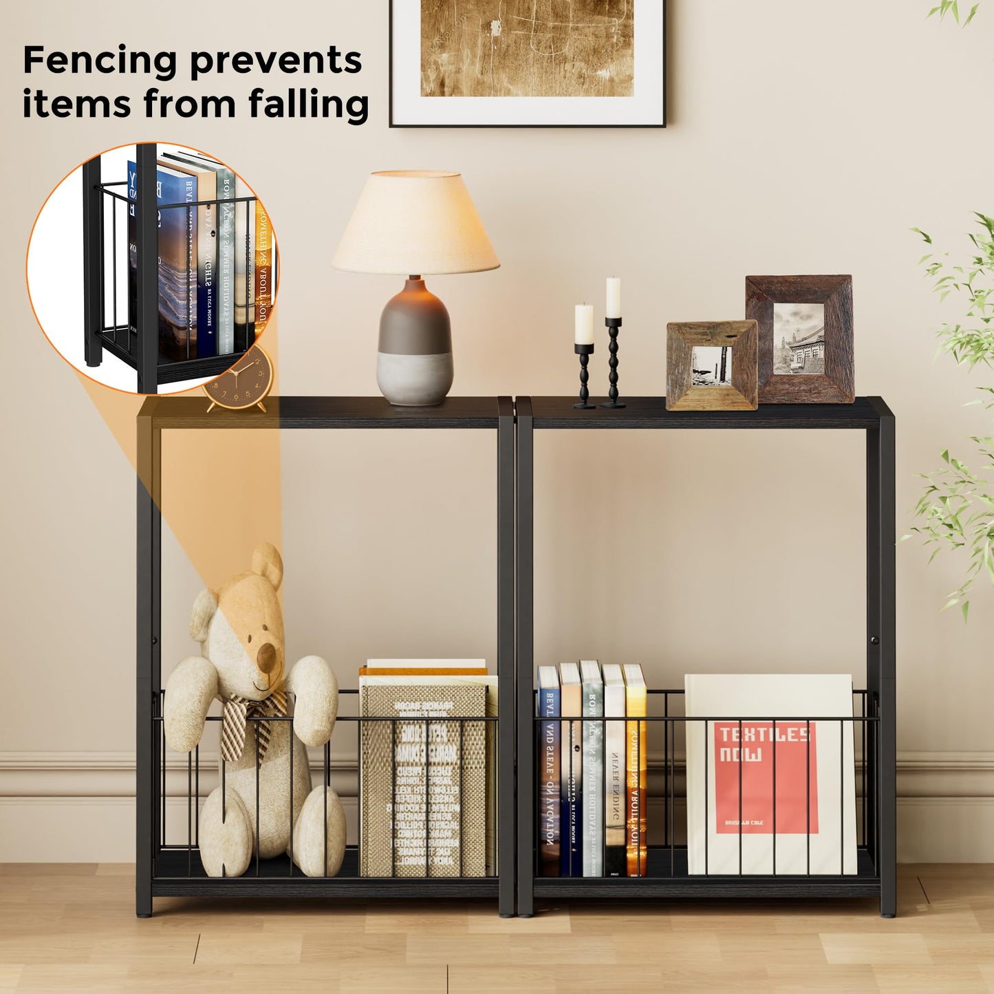 Homleke Narrow Side Tables Set of 2 with Magazine Holder, Skinny End Tables Perfect for Small Spaces, Space-Saving Design for Living Room, Bedroom, or Office, 7.1" D x 16.9" W x 23.6" H, Black
