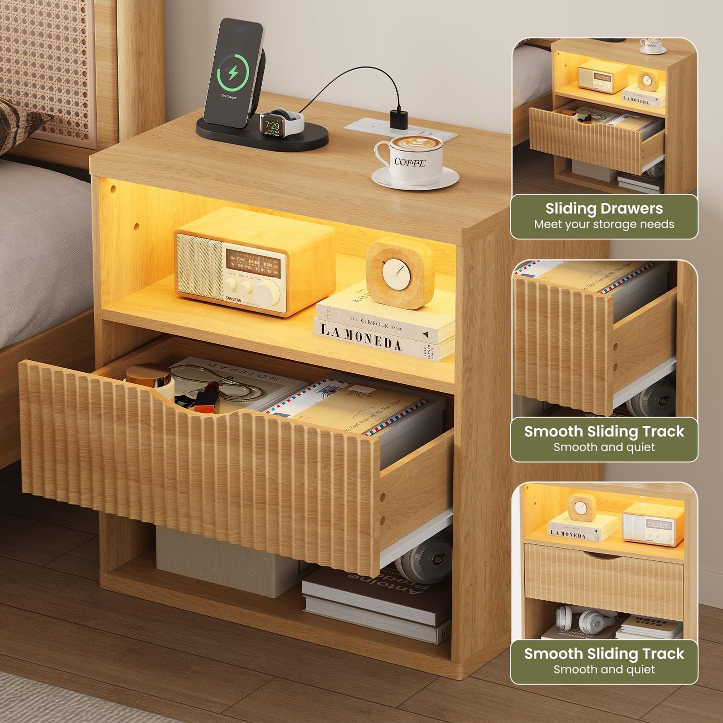 LAKEMID Fluted Wood Nightstand with Charging Station,24" Night Stand with Lights,Bedside Tables with Drawers,Bed Side Table for Bedroom,Natural Oak