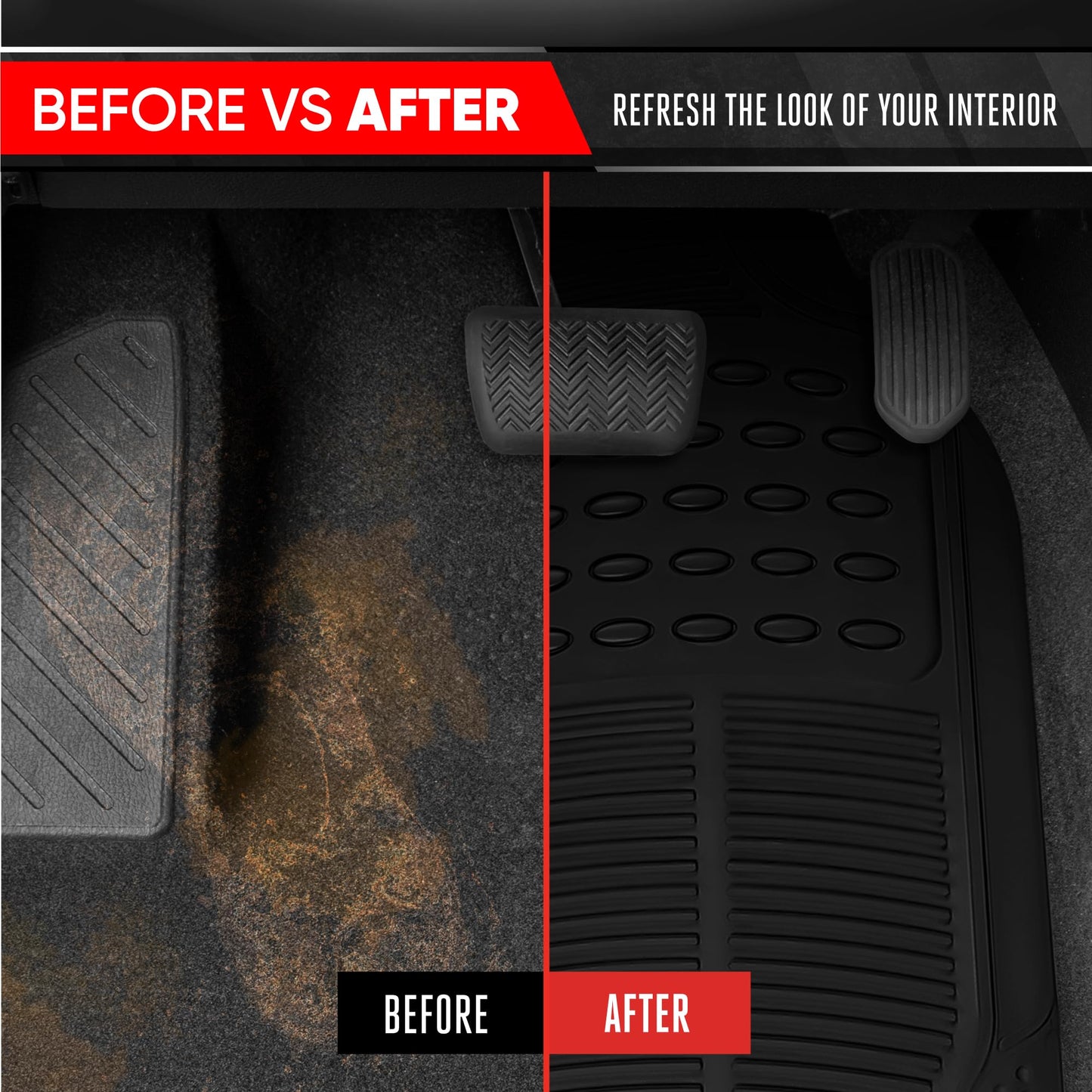 BDK Proliner All Weather Rubber Auto Floor Mats and Trunk Cargo Liner - Front & Rear Heavy Duty Set Fit for Car SUV Van and Truck, Black, 4 Pieces (Trim to Fit)