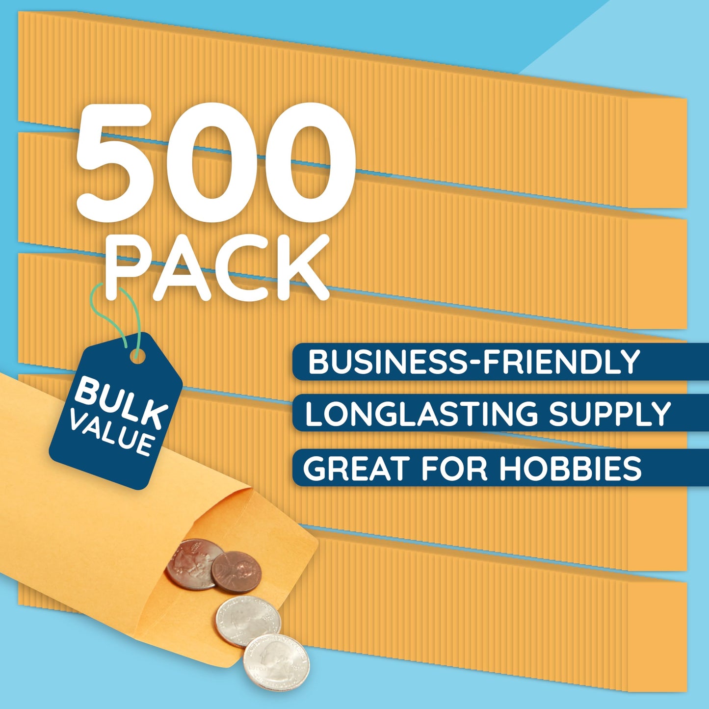 Blue Summit Supplies 500#7 Coin Envelopes, Gummed Seal, 28 lb Brown Kraft Coin Envelopes, for Holding Coins and Keys, Number 7 Size, 3 1/2” X 6 1/2”, 500 Pack