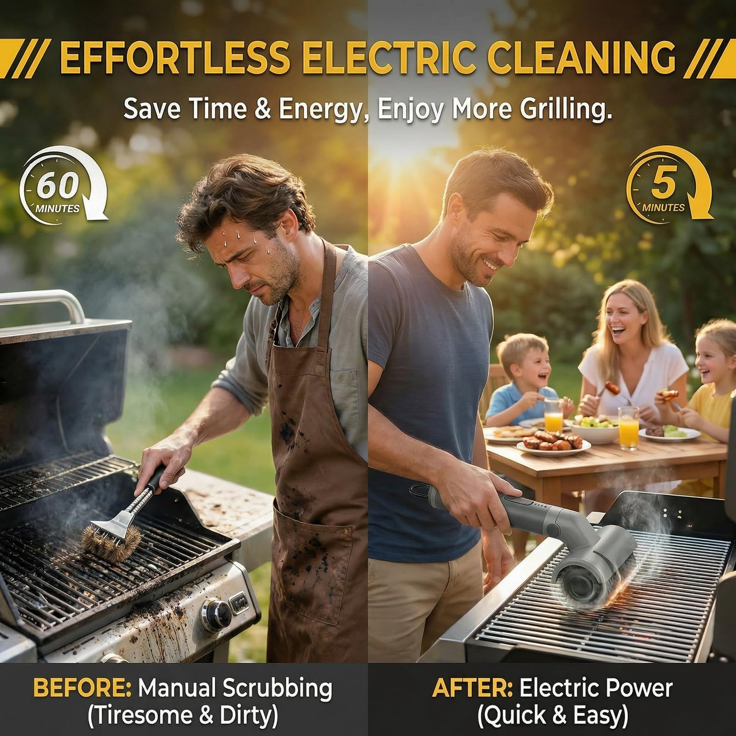 Electric Grill Brush, Cordless Rechargeable Grill Cleaner, 58W BBQ Cleaning Brush with 5200mAh Battery, 150-Min Runtime, 3 Speeds, Angle Adjustable, IPX7 Waterproof, Anti-Shedding for Outdoor Barbecue