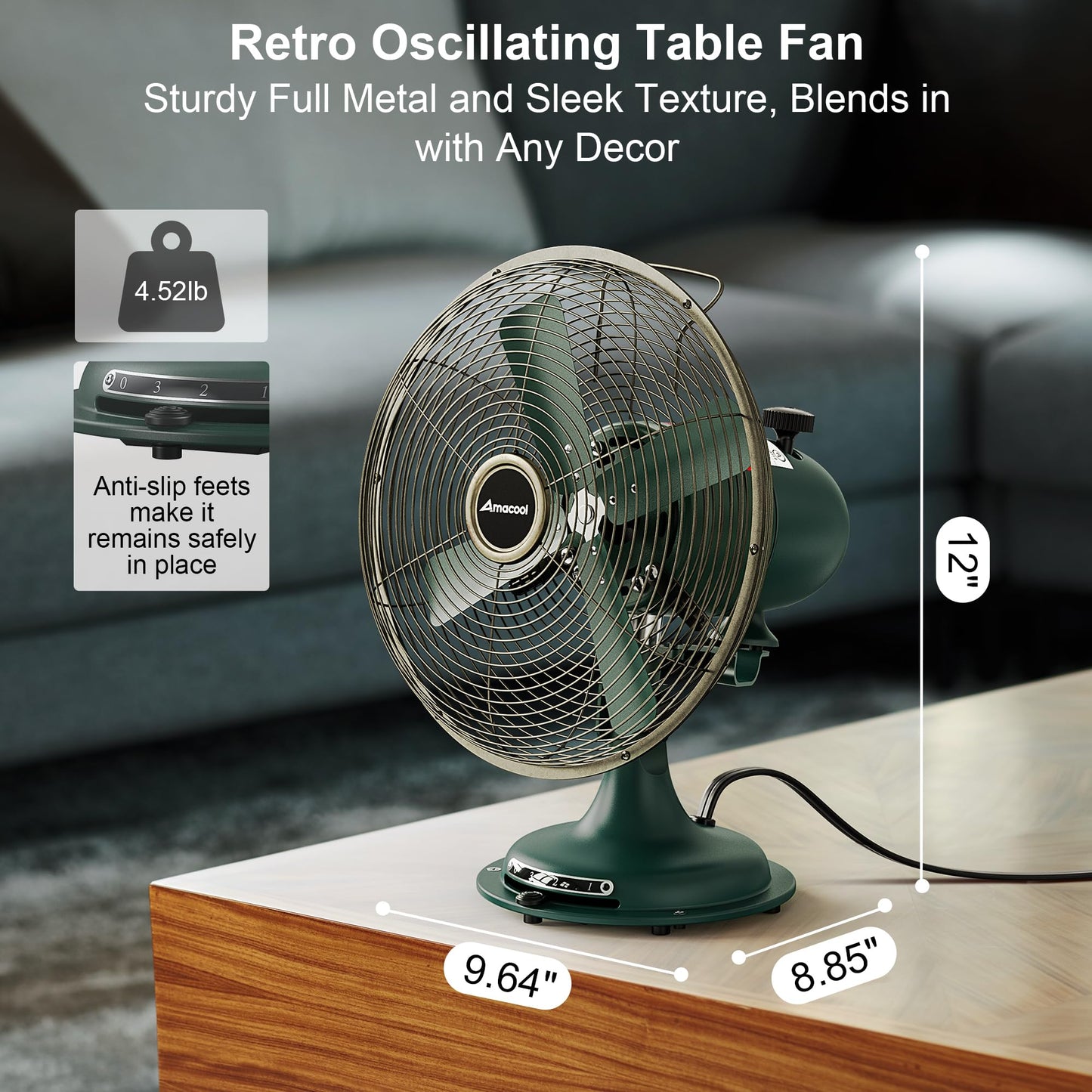 AMACOOL Oscillating Vintage Fan, All Metal 8" Retro Table Top Fan, Adjustable Head Tilt, Quiet 3 Speeds Plug-In Desk Fan for Bedroom Home Office & Kitchen