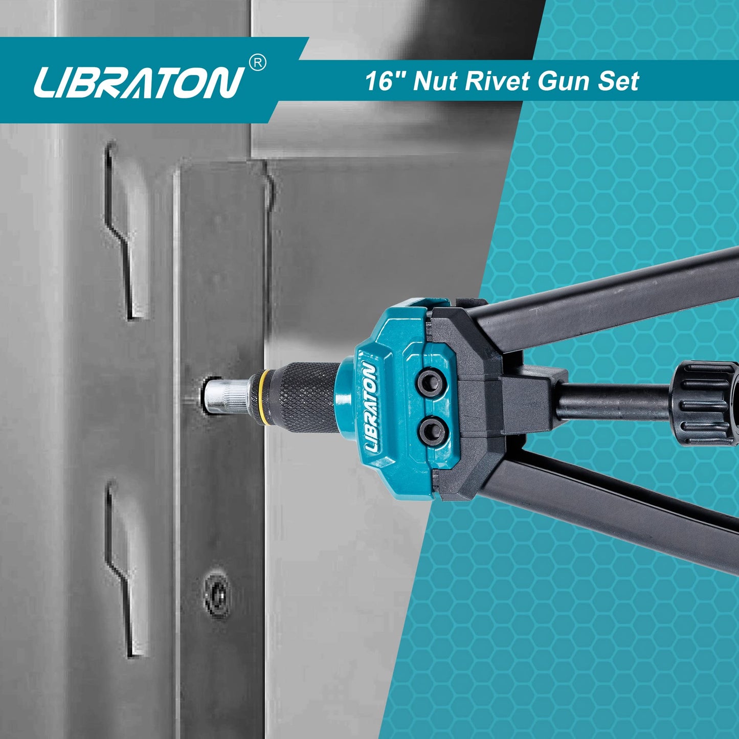 LIBRATON 16" Rivet Nut Tool, Rivet Nut Gun, Hand Rivet Nut Setter with 110PCS Rivet Nuts, 11PCS Metric & SAE Interchangeable Mandrels and Carrying Case, Easy Replace