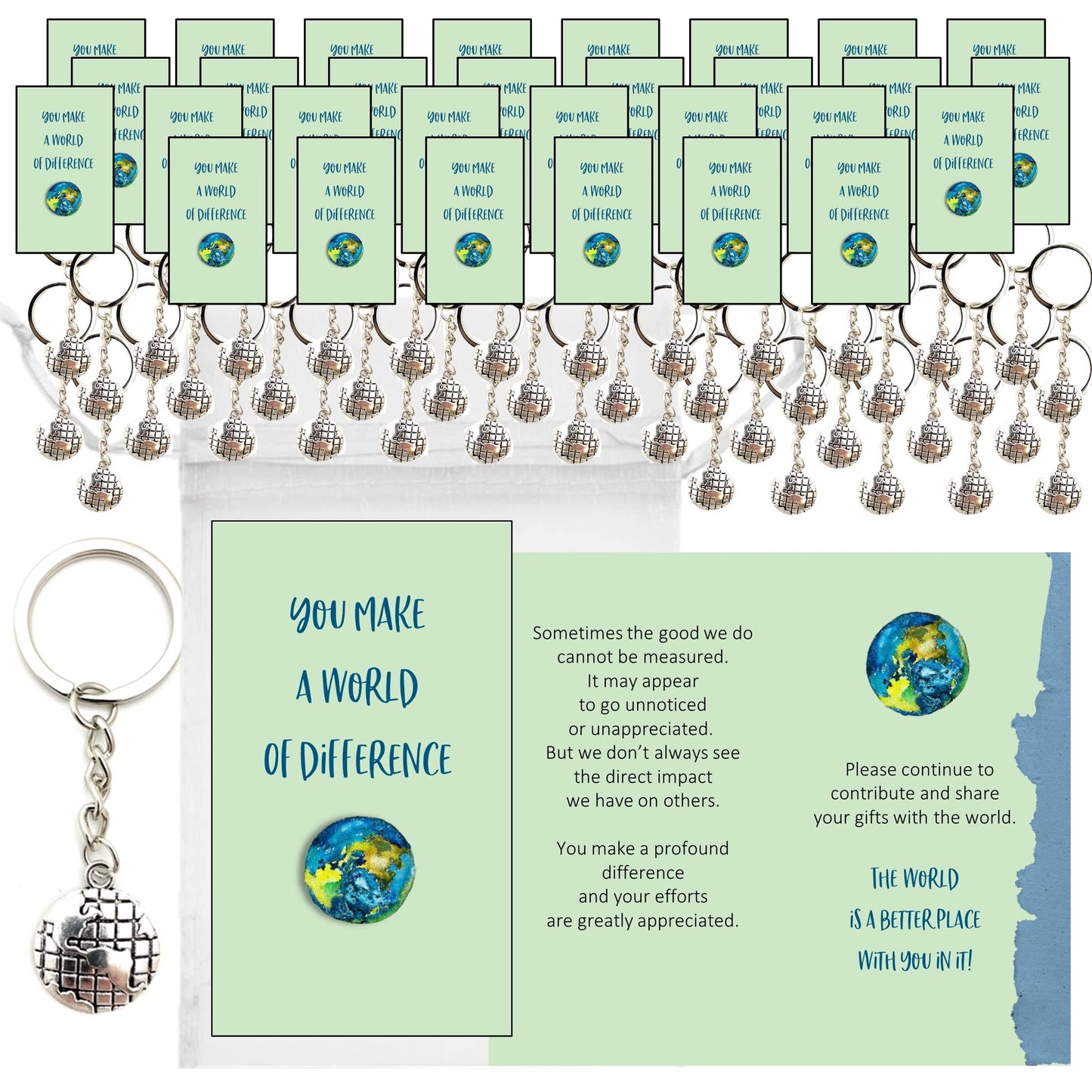Smiling Wisdom - 20 Bulk Gifts - You Make A World of Difference - Staff Employee Appreciation 3.5x2in Cards & Keepsake Gifts - 60pcs - Silver World Keychains