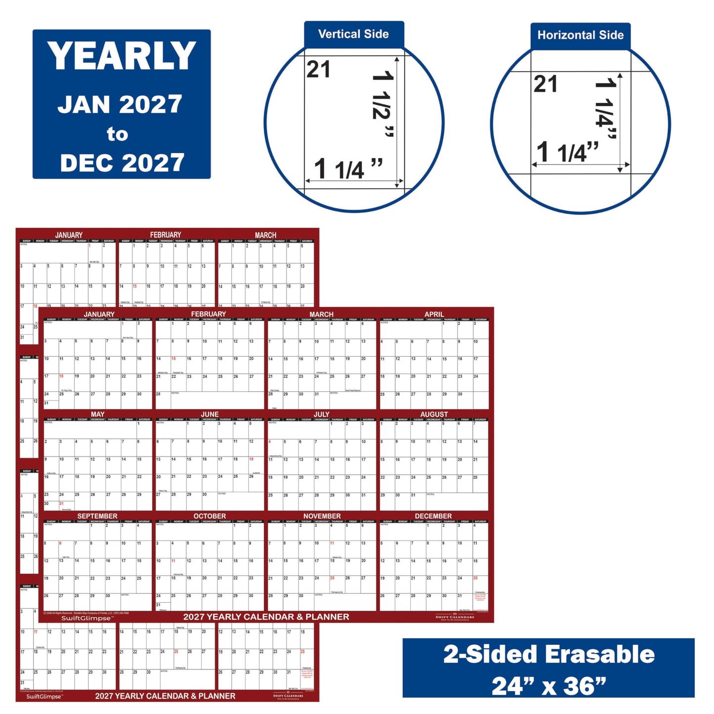 24" x 36" SwiftGlimpse 2027 Wall Calendar Erasable Large Wet & Dry Erase Laminated 12 Month Annual Yearly Wall Planner, Reversible, Horizontal/Vertical, Burgundy