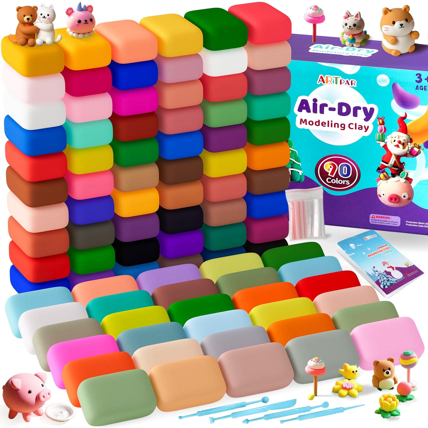 ARTPAR 90 Colors Air Dry Clay Set, 90 Individual Sealed Bags, Soft Modeling Clay for Kids Ages 3+, Non-Stick DIY Craft Supplies, Gift for Girls Boys