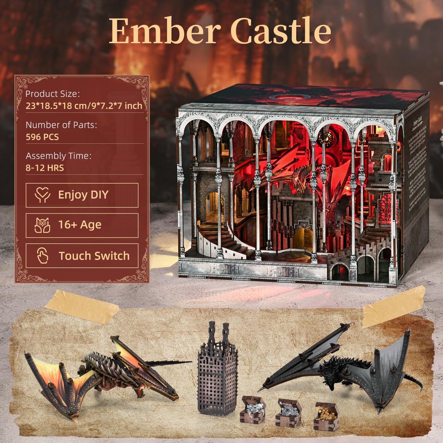 CCCDF Book Nook Kit, DIY Miniature Dollhouse Booknook Kit, 3D Wooden Puzzle Bookend Bookshelf Insert Decor with LED Light for Teens and Adults (Ember Castle)