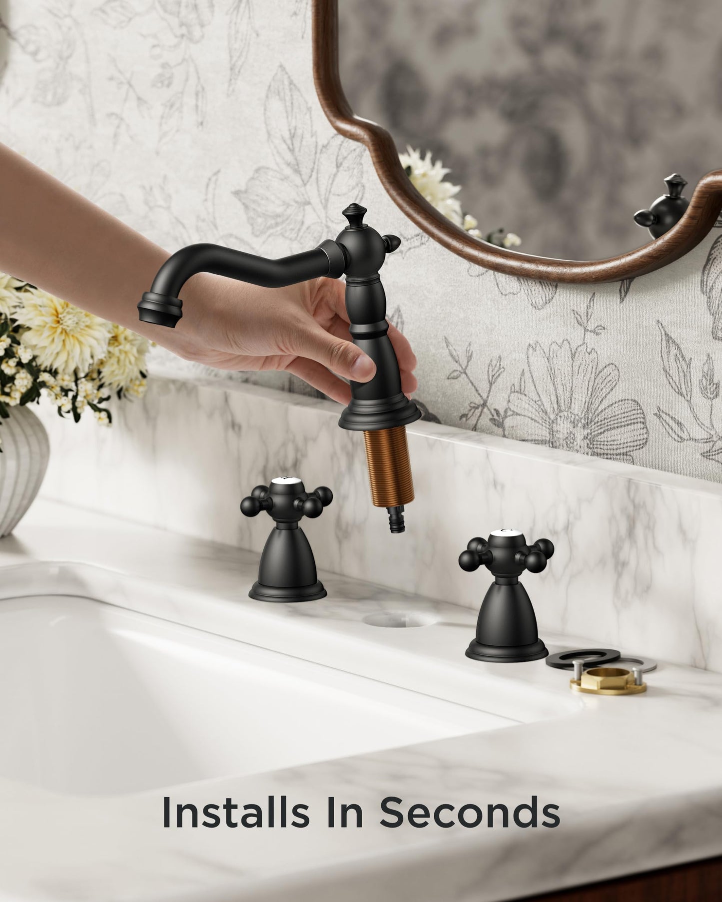 FORIOUS Matte Black 3 Hole Brass Vintage Farmhouse Bathroom Faucet, 8 Inch Widespread Bathroom Faucets 2 Cross Handles with Metal Pop Up Drain and Supply Hoses, for RV Vanity