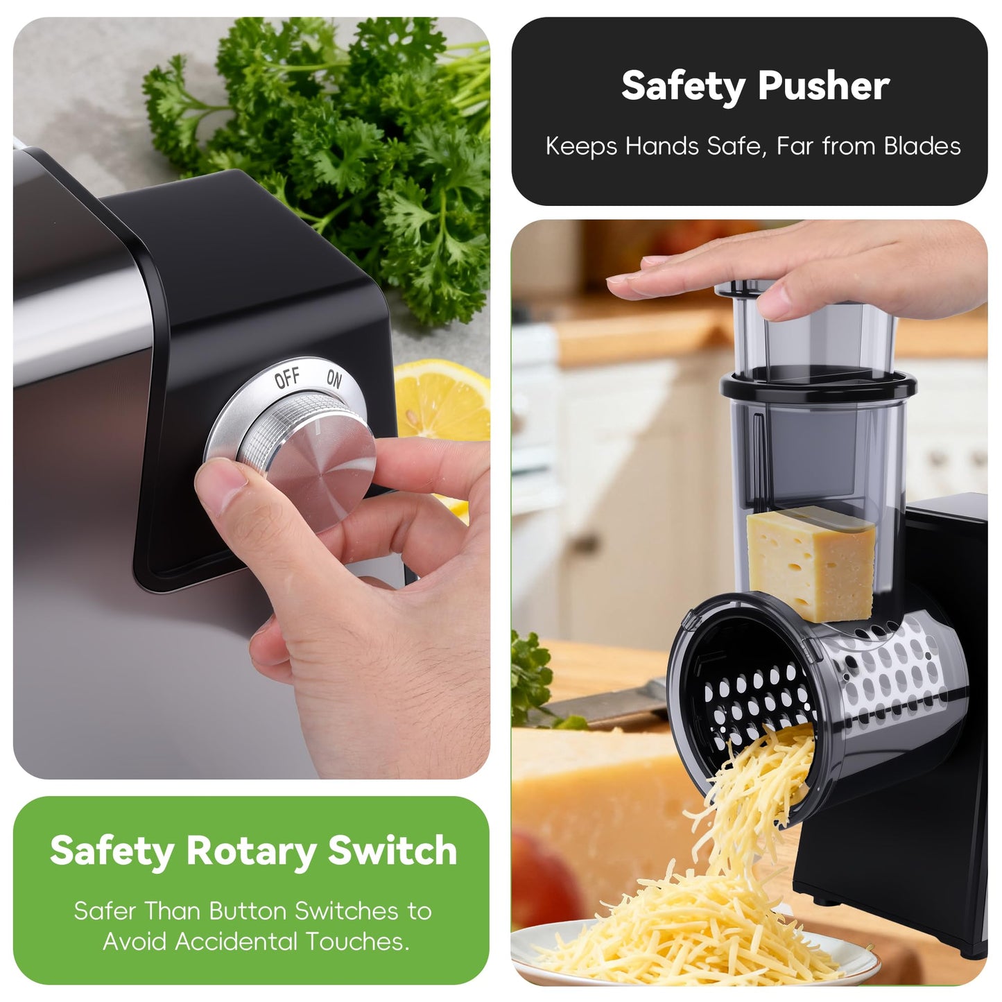Electric Cheese Grater 7 in 1, Stainless Steel Salad Shooter, Food Slicer Shredder Chopper with Rotary Switch, 300W, for Block Cheese Vegetables Cucumber Carrots