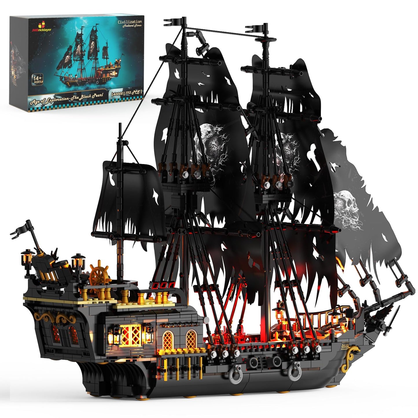 JMBricklayer Pirate Ship Building Toys with Lights, Pearl Pirate Ship Model Boat Kit 40002, Black Ship Toy Building Sets for Adult Teens 14+, Home Office Decor(1713 PCS) New Upgrade