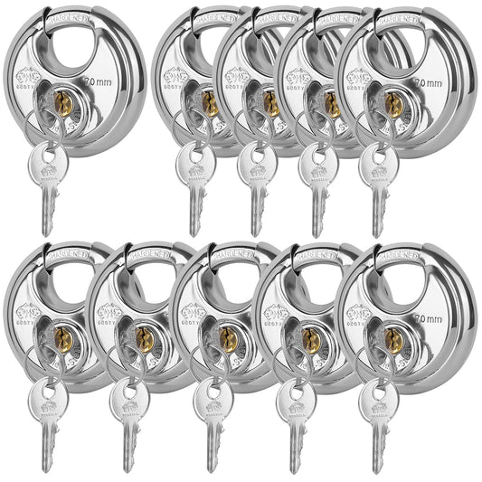 DuoTyga Discus Keyed Alike Padlock, 2-3/4 Inch Wide, Heavy Duty Stainless Steel Outdoor Disc Lock with Key for Storage Unit, Garages, Fence and Sheds, 10 Pack
