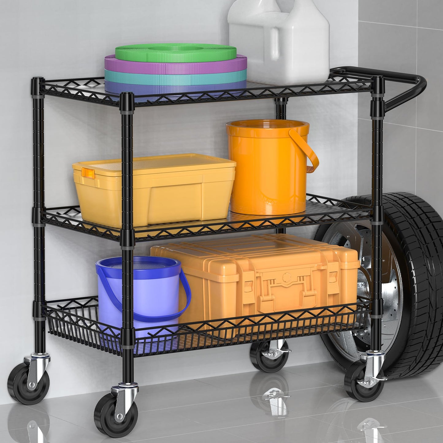 Folews Heavy Duty Rolling Cart with Wheels, 3 Tier Commercial Grade Utility Cart, Metal Kitchen Storage Trolley with Handle Bar & Shelf Liner for Food Service Tool, Black