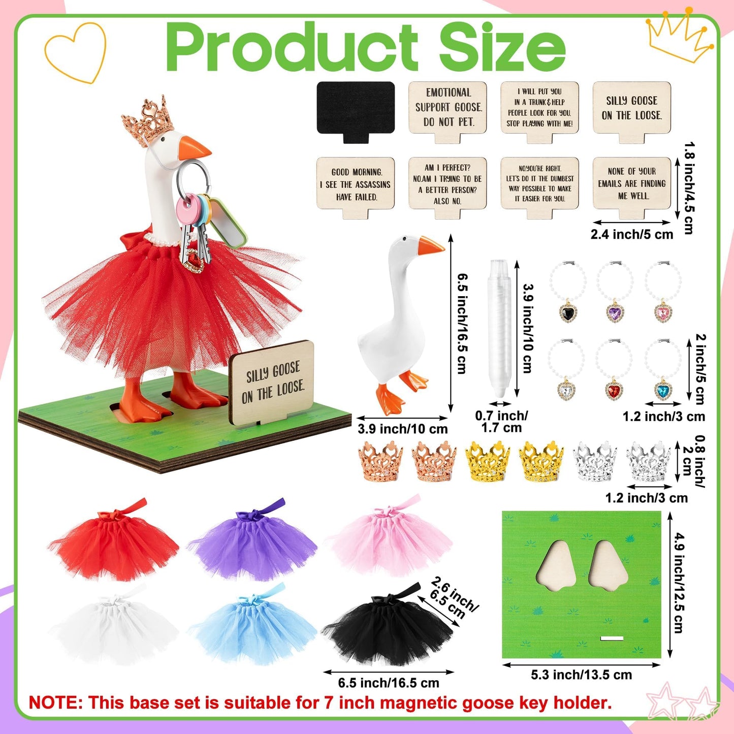 GudaAphrmix 29Pcs Desk Goose Statue Goose Outfits with Tutu Dress Crystal Crown Necklace, 7inch Resin Mini Goose with Writable Sign Chalk, Small Desk Duck Figurine for Office Home Art Decor
