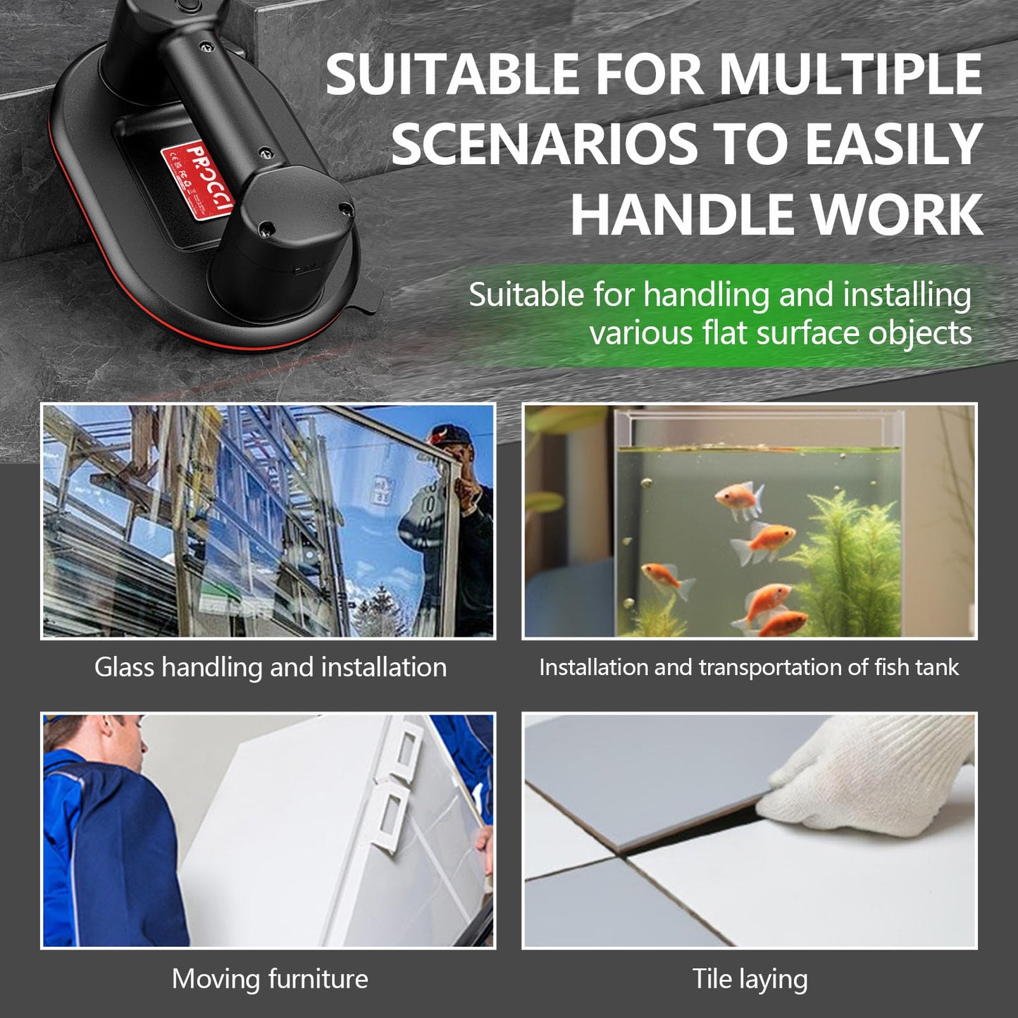 Battery Suction Cup,10 in Diameter, 2 Brushless Motors, 300 KG / 660 lbs Suction Power, LCD Display for Suction Power & Battery Level, 4000 mAh Battery, 10h Runtime