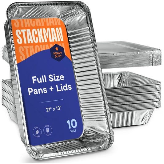10-Pack Large Aluminum Steam Pans with Lids - 21x13, Heavy Duty for Roasting, Cooking, Warming Food,Silver