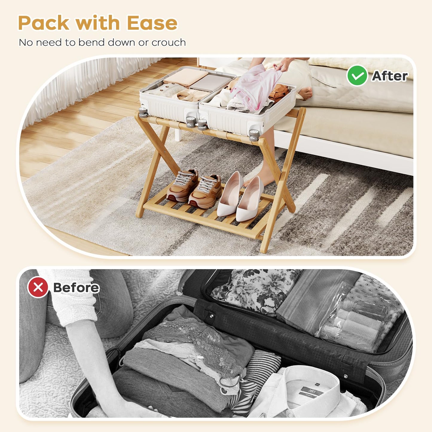 Oakvora Full Assembled 26.77"L Luggage Rack for Guest Room, Set of 1 Foldable Suitcase Stand with 5 Nylon Straps, Luggage Holder with Shoe Shelf for Suitcases, Hotel (Natural Wood Bamboo Luggage Stands)
