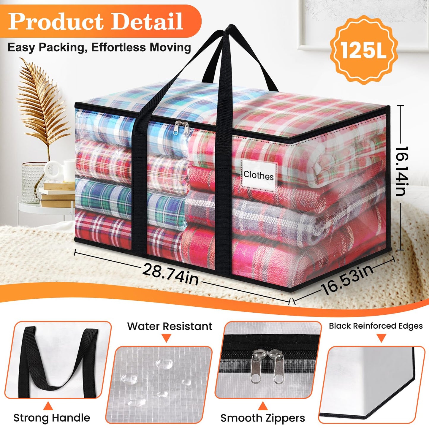 EpicTotes Extra Large Heavy Duty Moving Bags, Storage Bags with Strong Zippers & Handles, Packing Bags for Moving Essentials, Ideal Storage Tote for Home, Dorm & Storage Solutions, 125L 10 Packs Clear