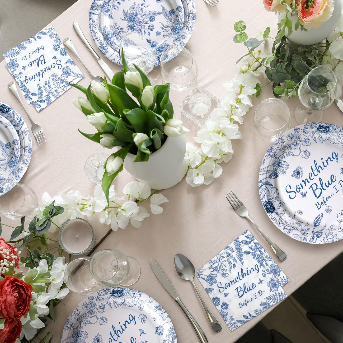 Zhehao 250 Pcs Something Blue Bridal Shower Plates Napkins Sets 50 Pcs 9'' Dinner Plates and 7'' Dessert Plate and 9oz Cups 100 Napkins Serves 50 Party Supplies Bridal Shower Engagement Decoration