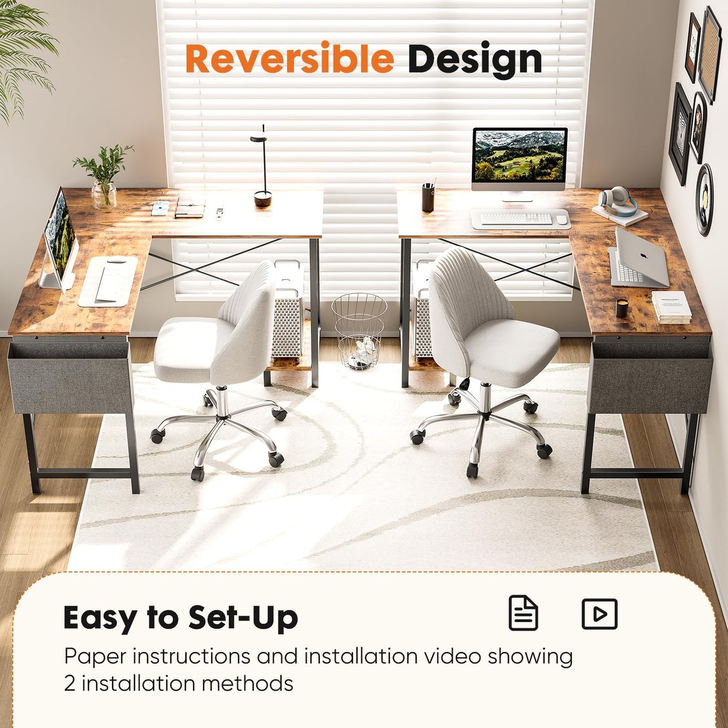 Sweetcrispy L Shaped Desk Computer Gaming Corner Table 51 Inch Home Office Writing Student Work PC Workstation with Side Storage Bag CPU Stand for Bedroom Small Spaces