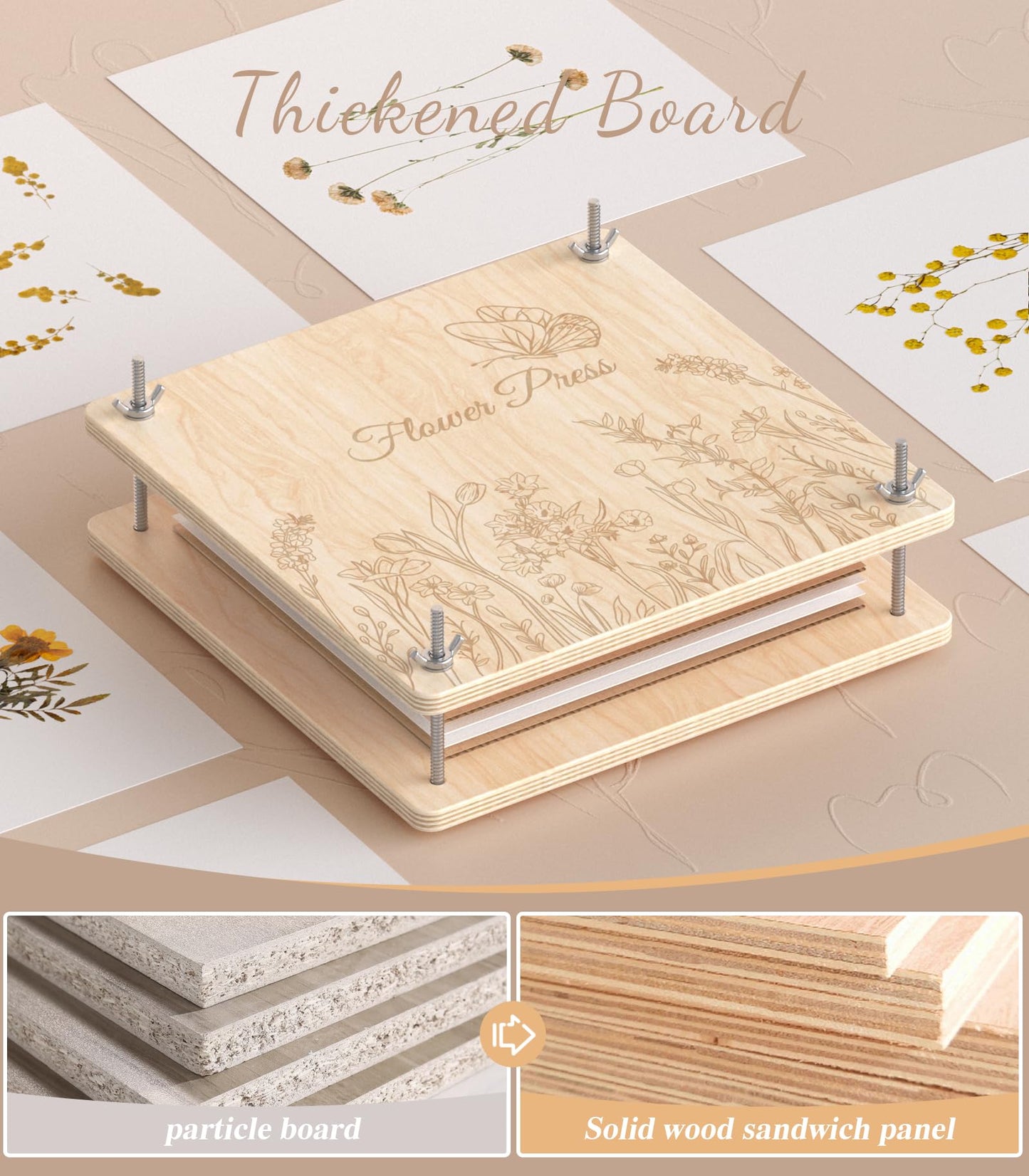 Wakhow Large Wooden Flower Press Kit, 11.02" x 11.02" Pressing Kit for Adults & Kids, DIY Drying Art Kit, Preservation Craft, Ideal Gift for Plant Lovers