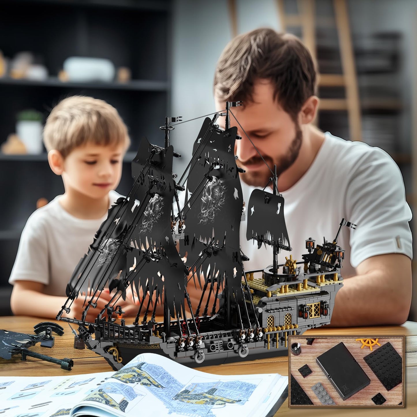 NUTCRACKER Pirate Ship Building Set with LED Light, Black Pearl Ship Toy Building Set, Sailboat Model Home Decor, Easter Christmas Birthday Gift for Adults Boys Girls 14+（1713 Pieces）