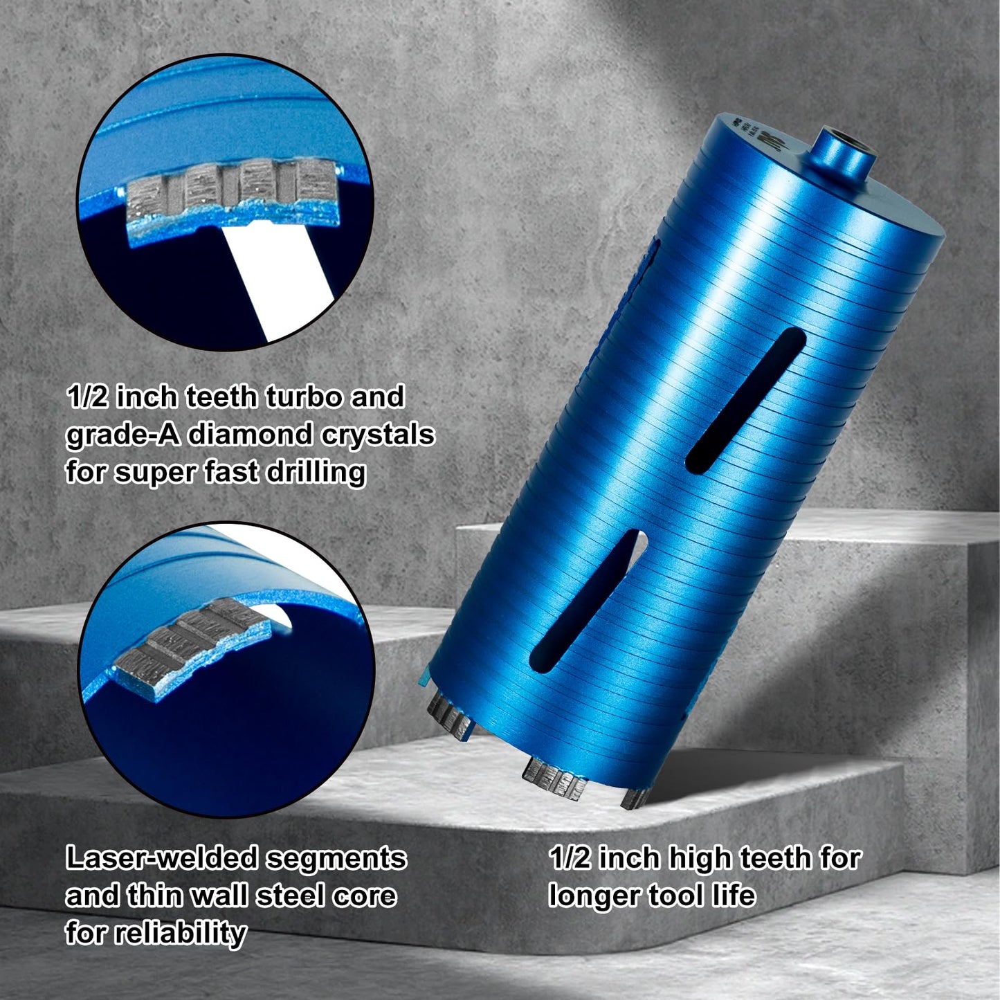 SALI Diamond Core Drill Bits 3 1/2" Diameter 10"/254mm Drilling Depth 5/8-11" Thread Core Bit Turbo Laser-Welded Segments for Cured Concrete with Brick, Block, Masonry, with Two Adapters