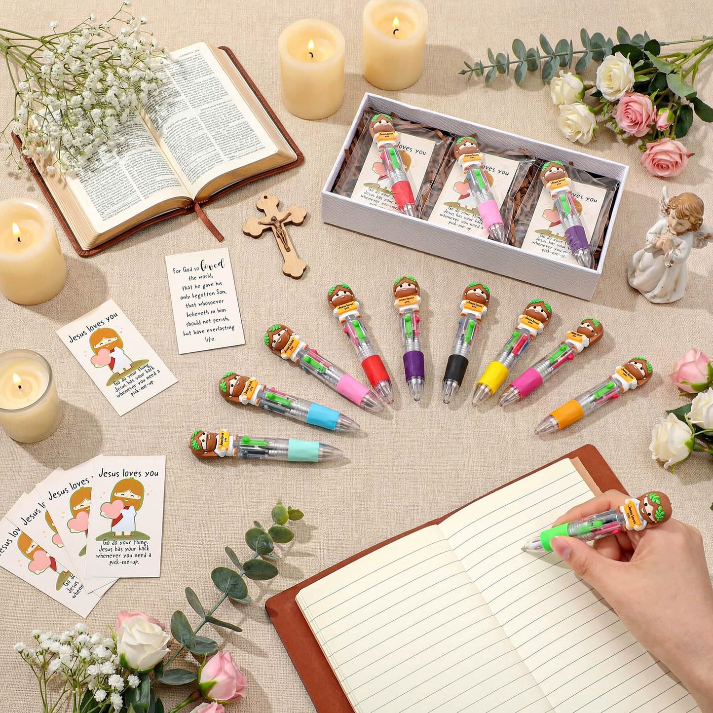 Sayglossy 100 Sets Christian Little Jesus Figure Pens Gifts Bulk, 4-in-1 Jusus Loves You Multicolor Ballpoint Pen Favor with Positive Cards for Friends Church Member Prizes Reward