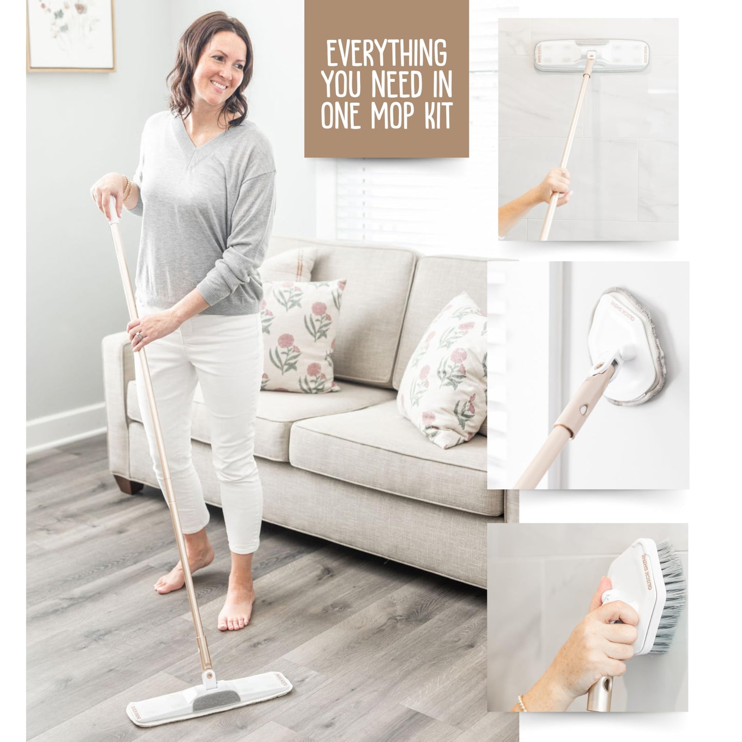 Quick Shine Ultimate Gold Clean + Polish Mop Kit, 11 Pc Set w/Interchangeable Attachments, Cleaner & Finish Included | 2-in-1 Pro Cleaning System w/ Microfiber Pads | All Floors | No Batteries Needed