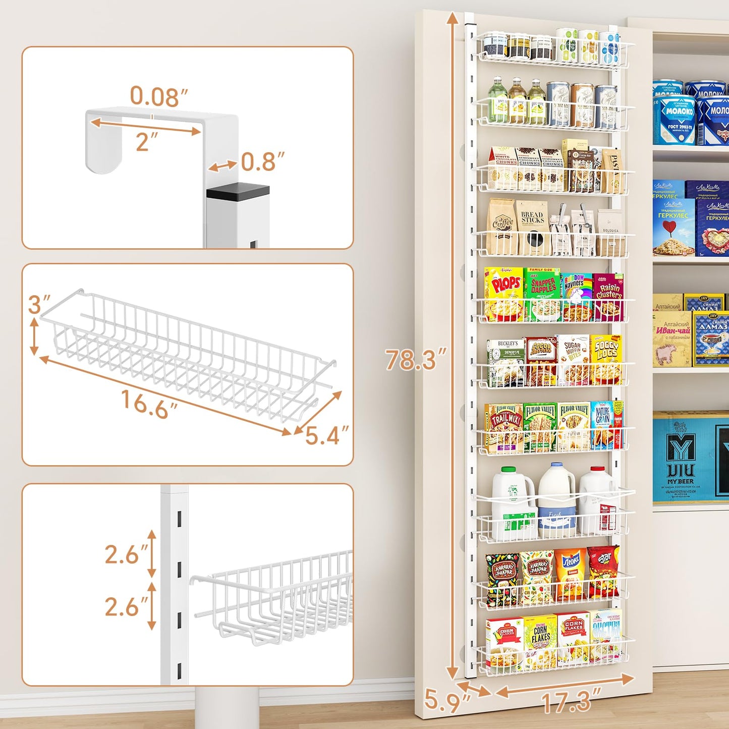 MIAOLI Over the Door Pantry Organizer, 10-Tier Adjustable Spice Rack Cabinet Door Shelves, Hanging Seasoning Organizer for Kitchen Bathroom, Laundry Room Organization, White