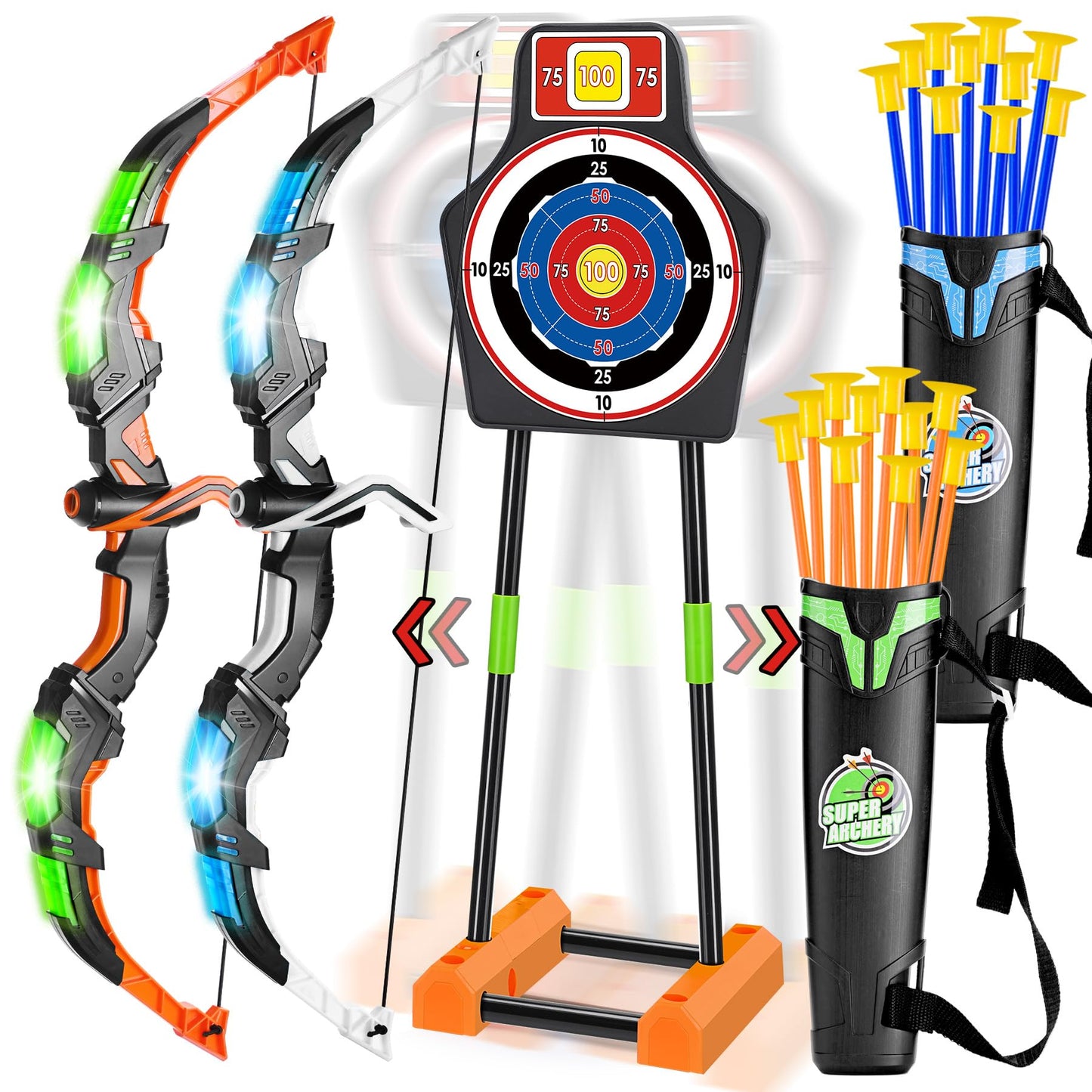 2 Bow and Arrow Set with Standing Moving Lens and 2 Colors, 20 Suction Cup Arrows, Lighted Archery Toys for Kids Ages 4-12 Boys Girls Indoor Outdoor