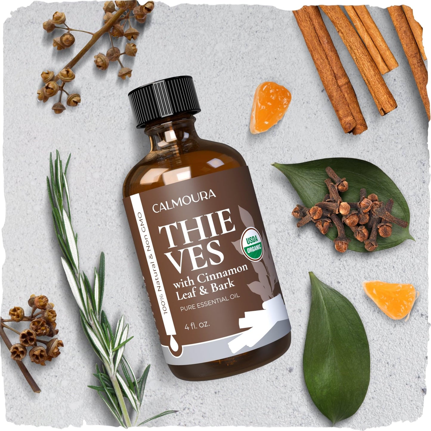 CALMOURA Organic Thieves Oil Essential Oil — USDA Certified Therapeutic Grade — (4 oz | 118 ml) — Based on The Tale of Four Thieves — Five Guards Essential Oil