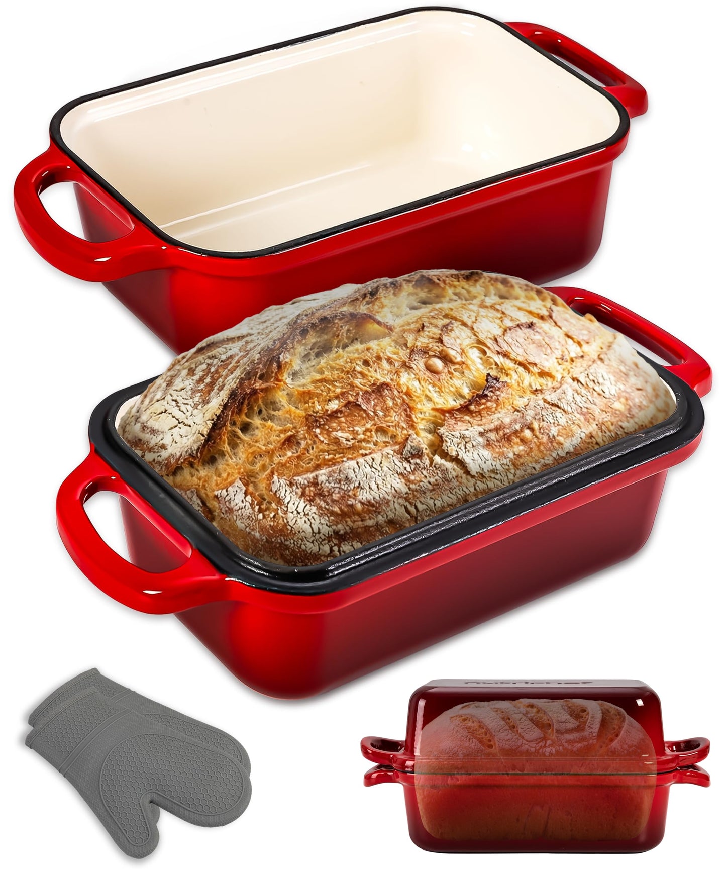 NutriChef 9x5" Enameled Cast Iron Loaf Pan with Lid, Enamel-Coated Baking Loaf Pan for Sourdough, Oven Safe, Nonstick Bread Pan with Silicon Gloves, Dishwasher Safe, Red