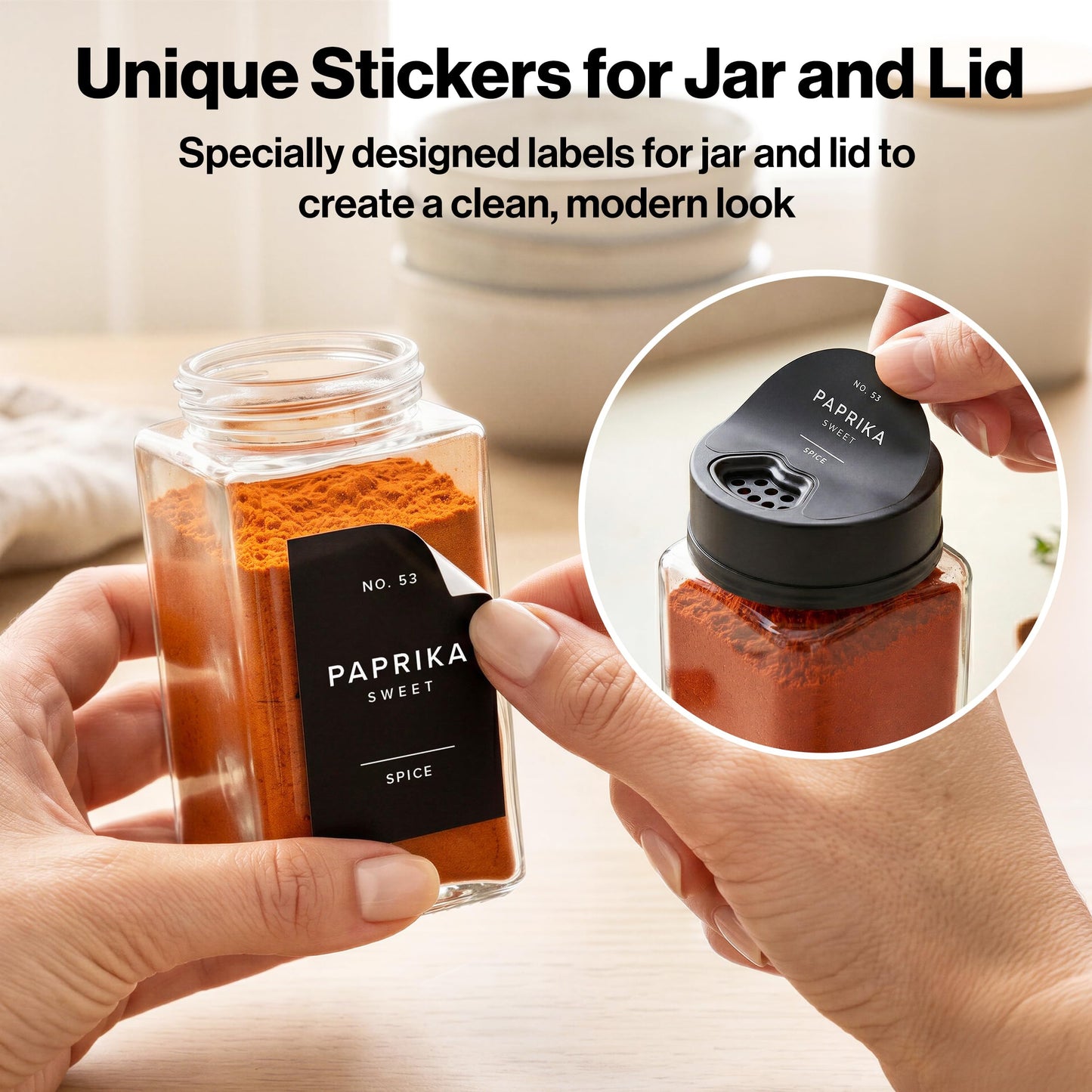 EDELHAUS Glass Spice Jars with Labels & Black Rotating Lids – 12 Large Square Airtight Containers 6.7 oz / 200ml with Shaker Inserts, Funnel & 160 Waterproof Labels for Kitchen Pantry Organization