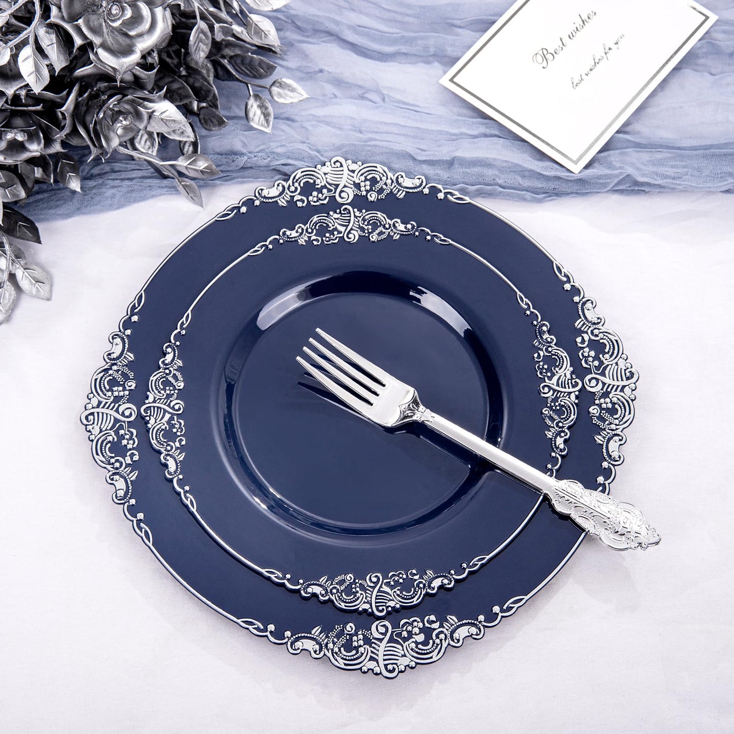 Hioasis 175pcs Blue and Silver Plastic Plates - Elegant Disposable Dinnerware Set Suitable for 25 Guests Include 10.25" Dinner & 7.5" Dessert Plates, Cutlery, Napkins, Cups for Party & Wedding