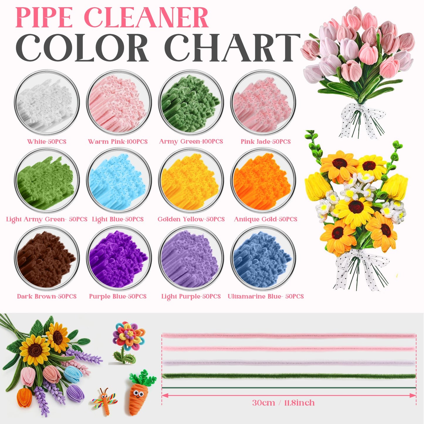 700 Pieces Pipe Cleaner Flower Kit, 12 Colors Chenille Stems Craft Kit with Floral Wire, Tape, Stamen, Ribbon, Pearls & Wrapping Paper, DIY Pipe Cleaner Flowers for Crafts, Gifts, School Projects