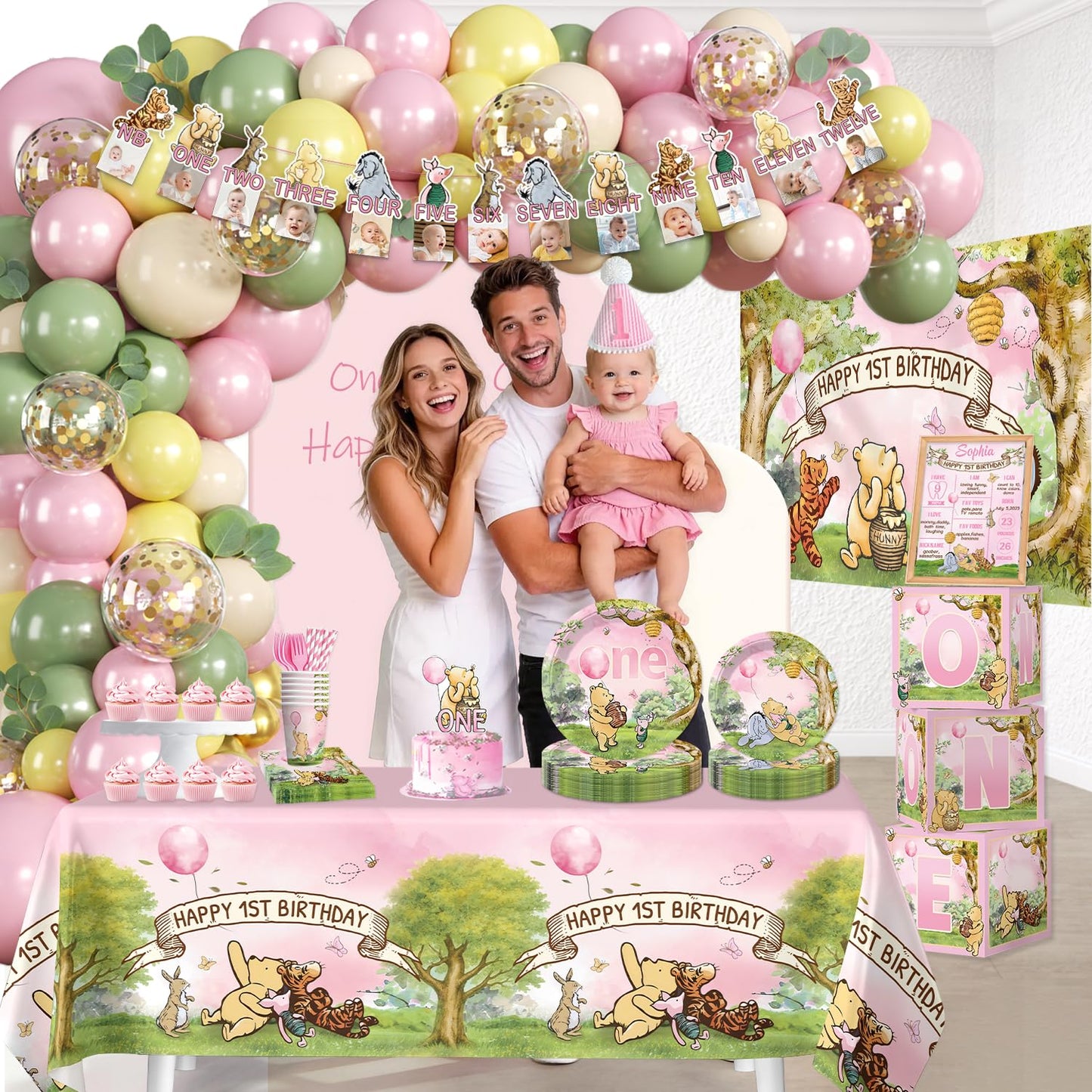 Fexivo 273 PCS Bear 1st Birthday Decorations, All-in-One Baby Girl 1st Birthday Decorations Set with Plates, Napkins, Serves 25, 2 Tablecloths, Balloon Arch, Backdrop & Banner, Pink